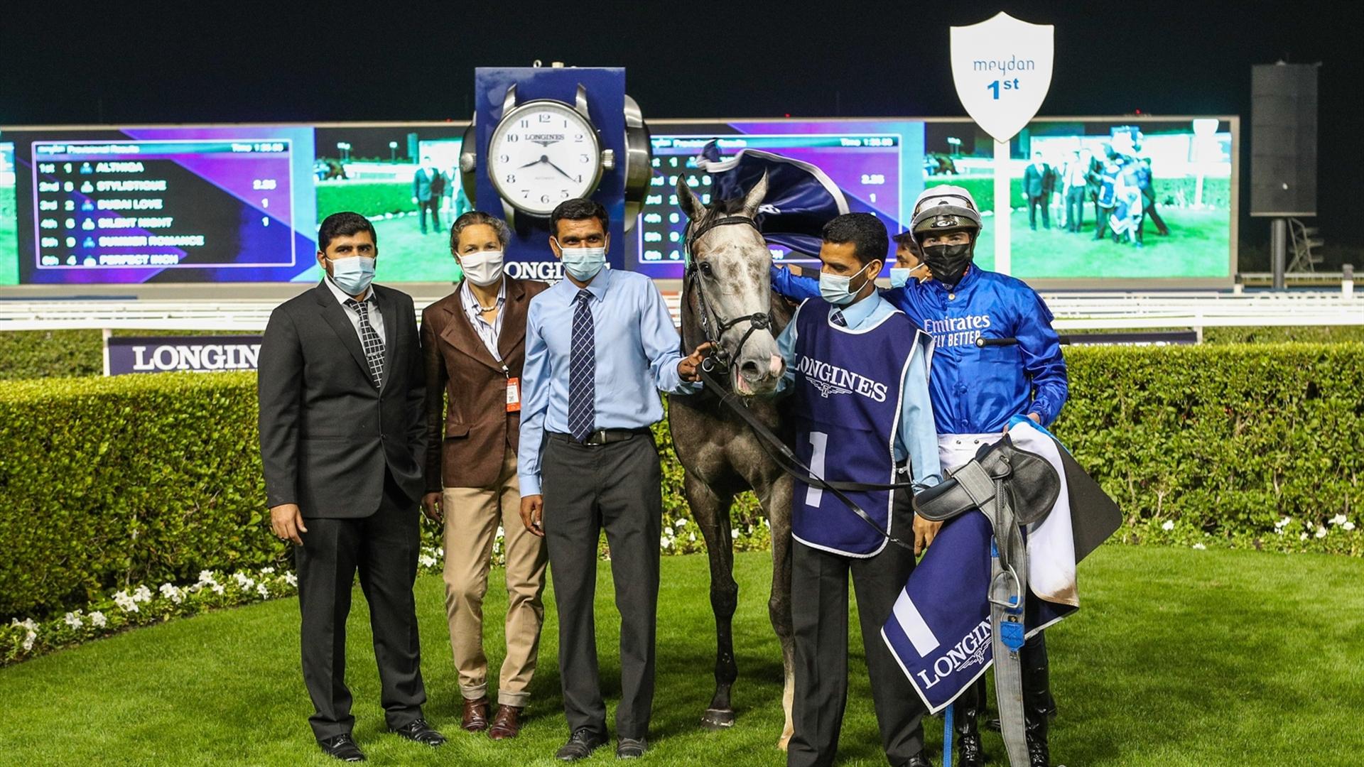 Althiqa (GB) (Charlie Appleby - James Doyle) wins the 1600m, dirt, Cape Verdi Presented by Longines at the second Dubai World Cup Carnival on January 28, 2021. (Credit: Dubai Racing Club)