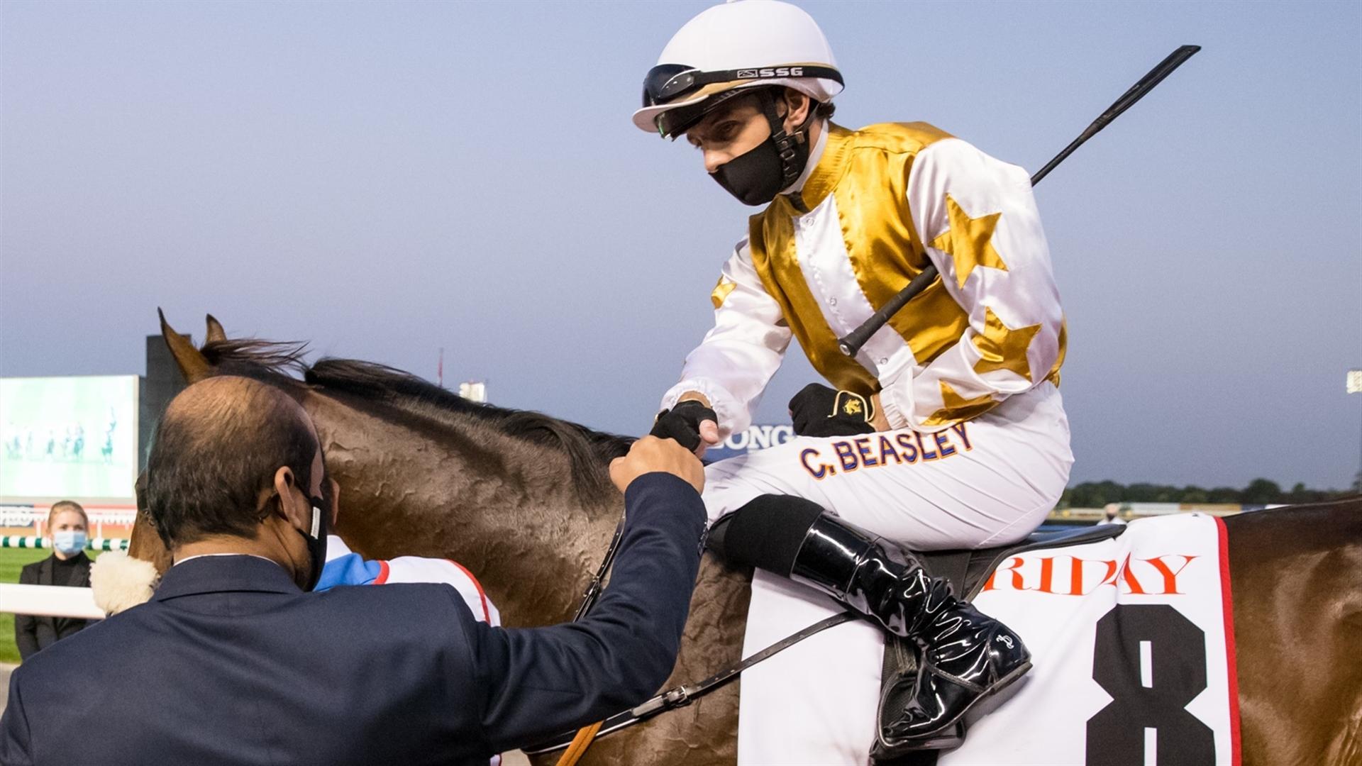 Emirates Currency (GB) (Ali Rashid Al Rayhi - Connor Beasley) wins the Friday  - 1800m, turf, maiden race at the eighth Racing at Meydan meeting on January 30, 2021. (Credit: Erika Rasmussen// DRC)