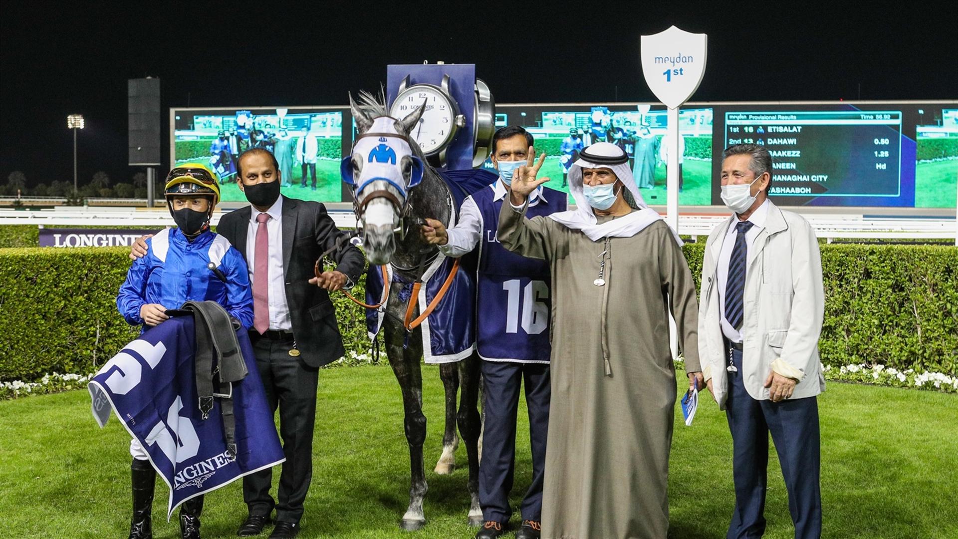 Etisalat (GB) (Ali Rashid Al Rayhi - Sandro Paiva) wins the Longines Spirit Collection Challenge at the fifth Racing at Meydan meeting on January 07, 2021.  (Credit: Dubai Racing Club)