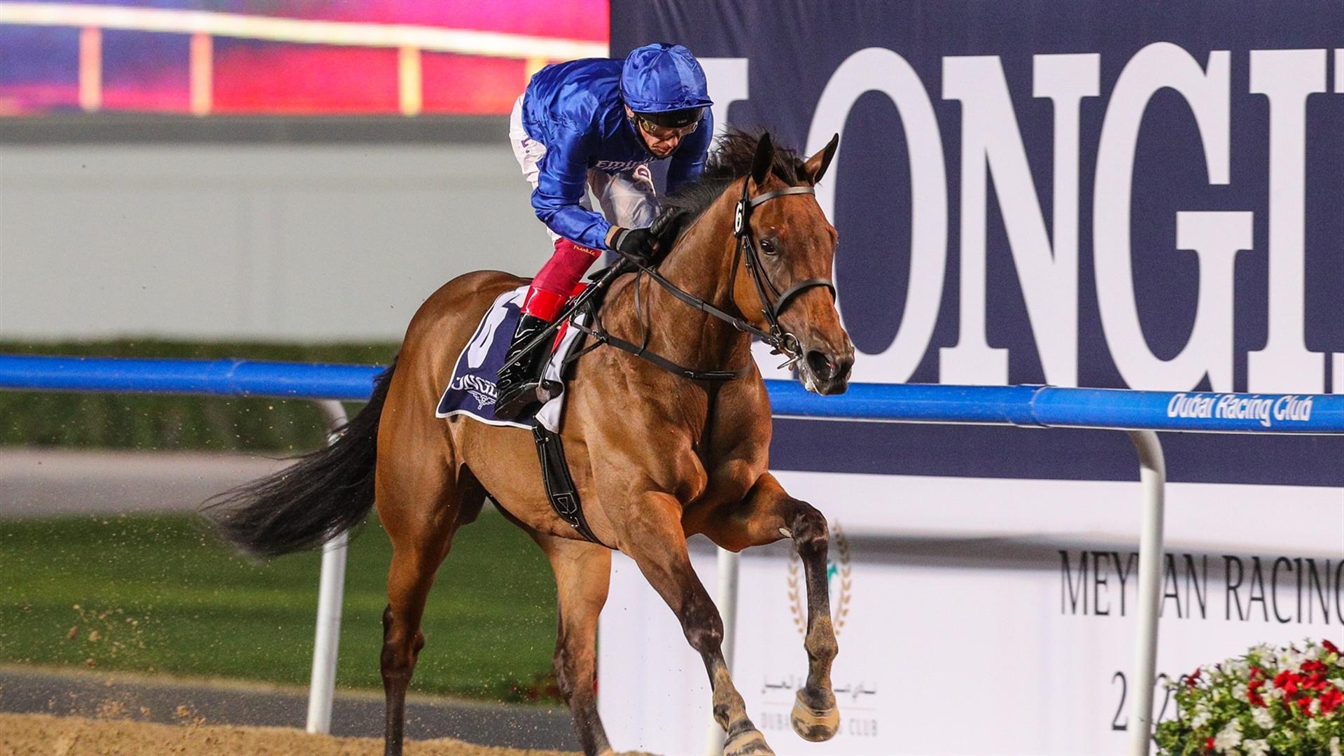 Soft Whisper (IRE) (Saeed bin Suroor - Lanfranco Dettori) wins the UAE 1000 Guineas Presented by Longines at the second DWCC on January 28, 2021. (Credit: Dubai Racing Club)