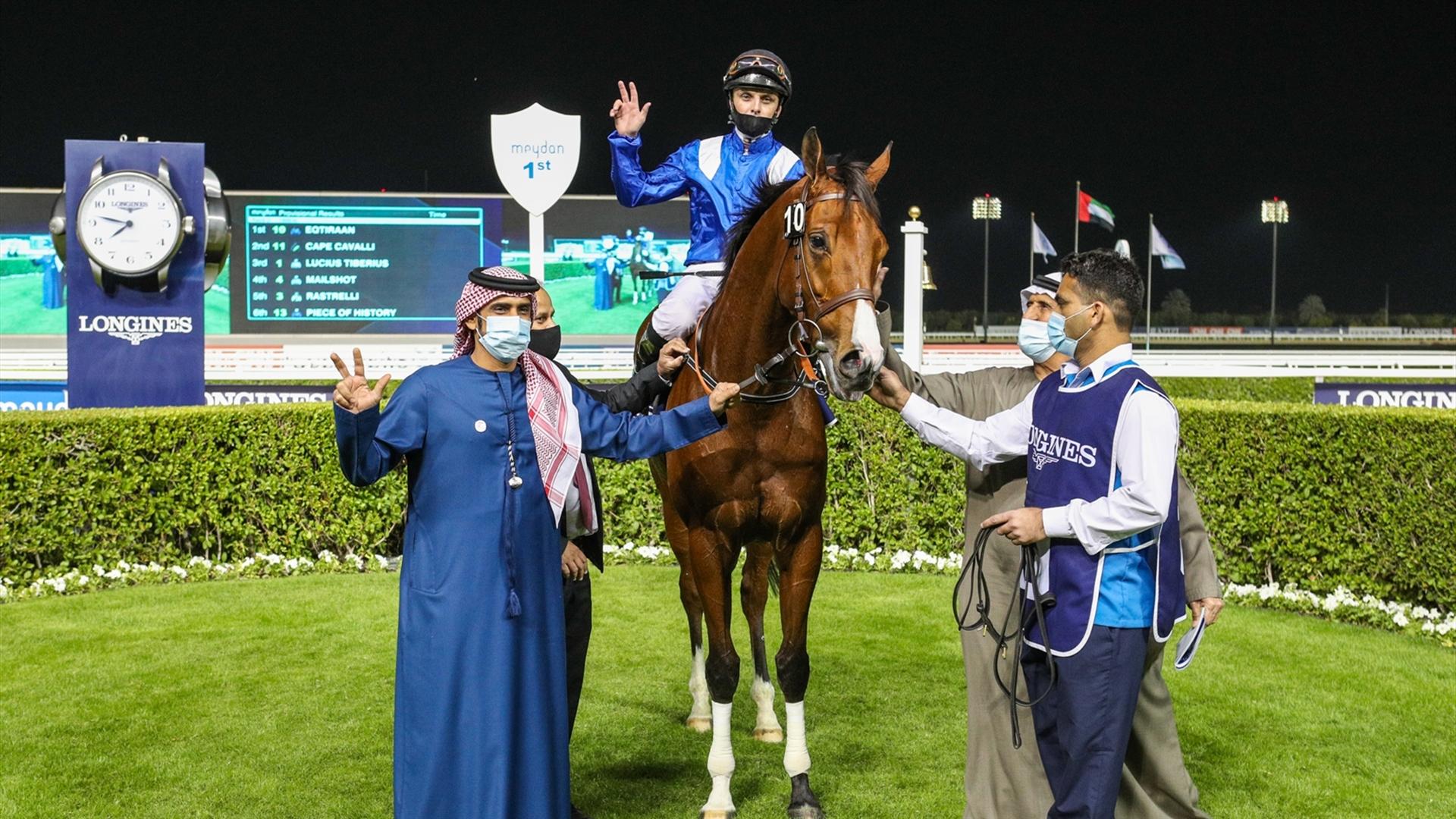 Taamol (IRE) (Ali Rashid Al Rayhi - Connor Beasley) wins the Longines Spirit Collection Trophy at the fifth Racing at Meydan meeting on January 07, 2021. (Credit: Dubai Racing Club)
