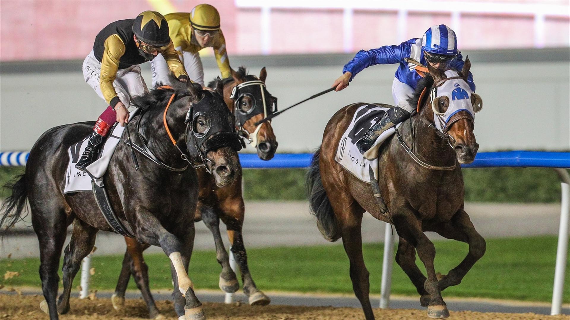 Twelfthofneverland (USA) (Satish Seemar - Nathan Crosse) wins the Lincoln Navigator at the seventh Racing at Meydan meeting, on January 16, 2021. (Credit: Dubai Racing Club)