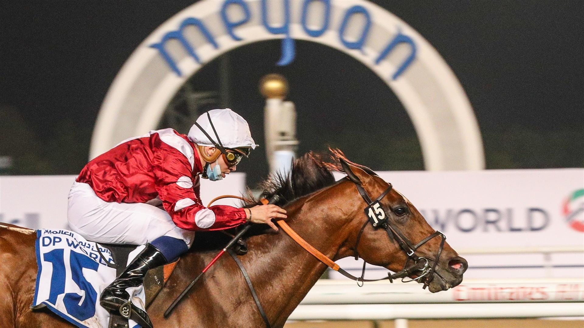 Wasim (IRE) (FR) (Ismail Mohammed - Mickael Barzalona) wins the Mina Rashid 1400m, Handicap at the sixth Racing at Meydan meeting on January 14, 2021. (Credit: Dubai Racing Club)