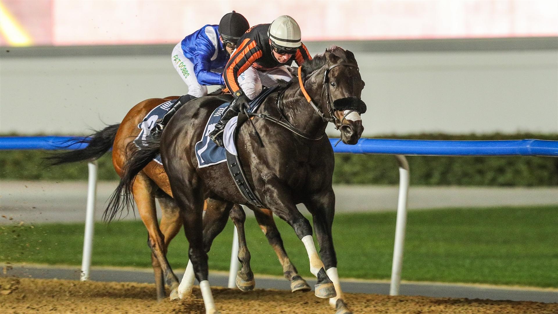 Switzerland (USA) (Satish Seemar - Tadhg O'Shea) wins the Dubawi Stakes Sponsored By Park Avenue By Azizi at the first DWCC on January 21, 2021. (Credit: Dubai Racing Club)