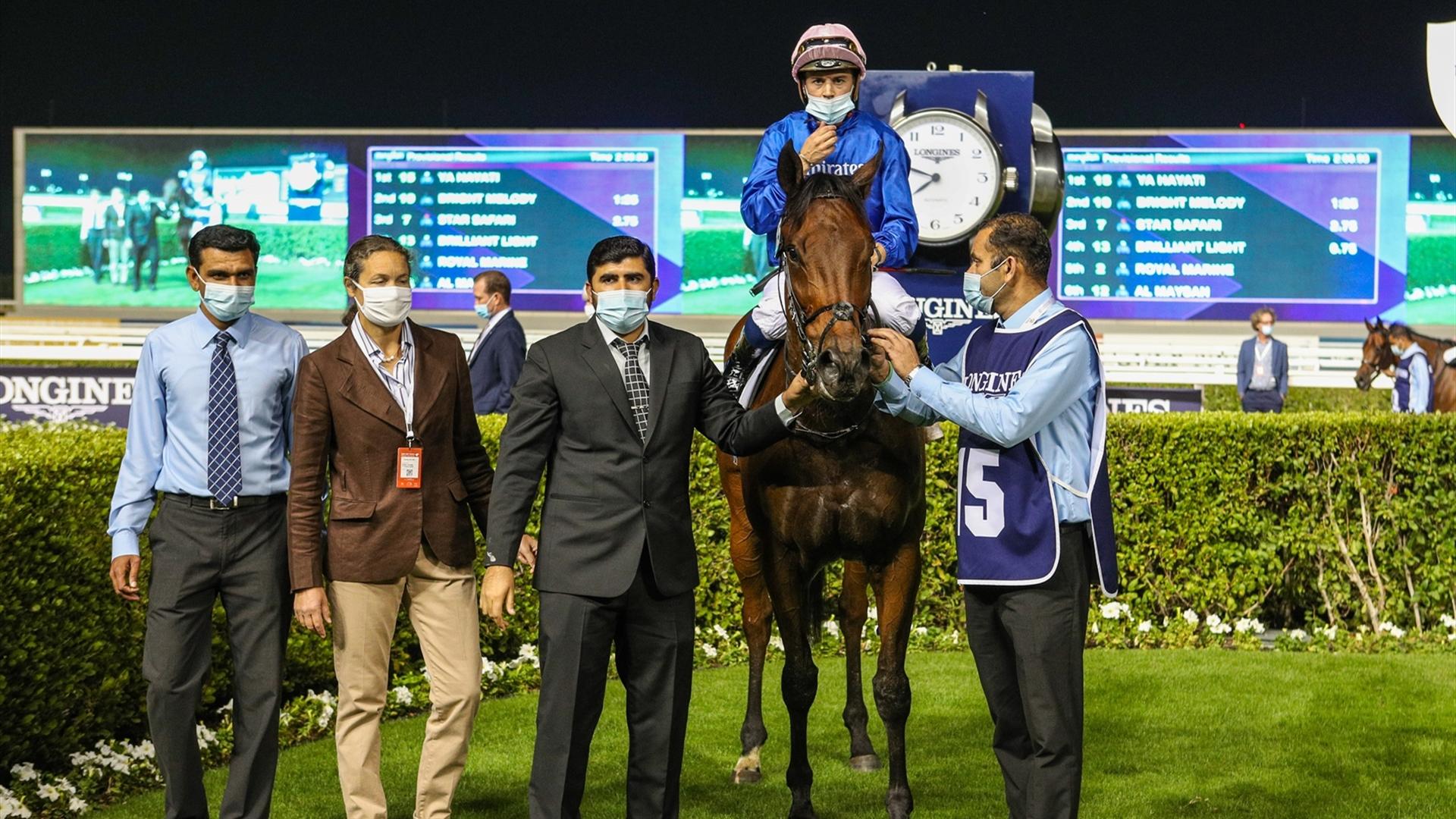 Ya Hayati (USA) (Charlie Appleby - Mickael Barzalona) wins the Zabeel Turf Presented By Longines at the second Dubai World Cup Carnival on January 28, 2021. (Credit: Dubai Racing Club)