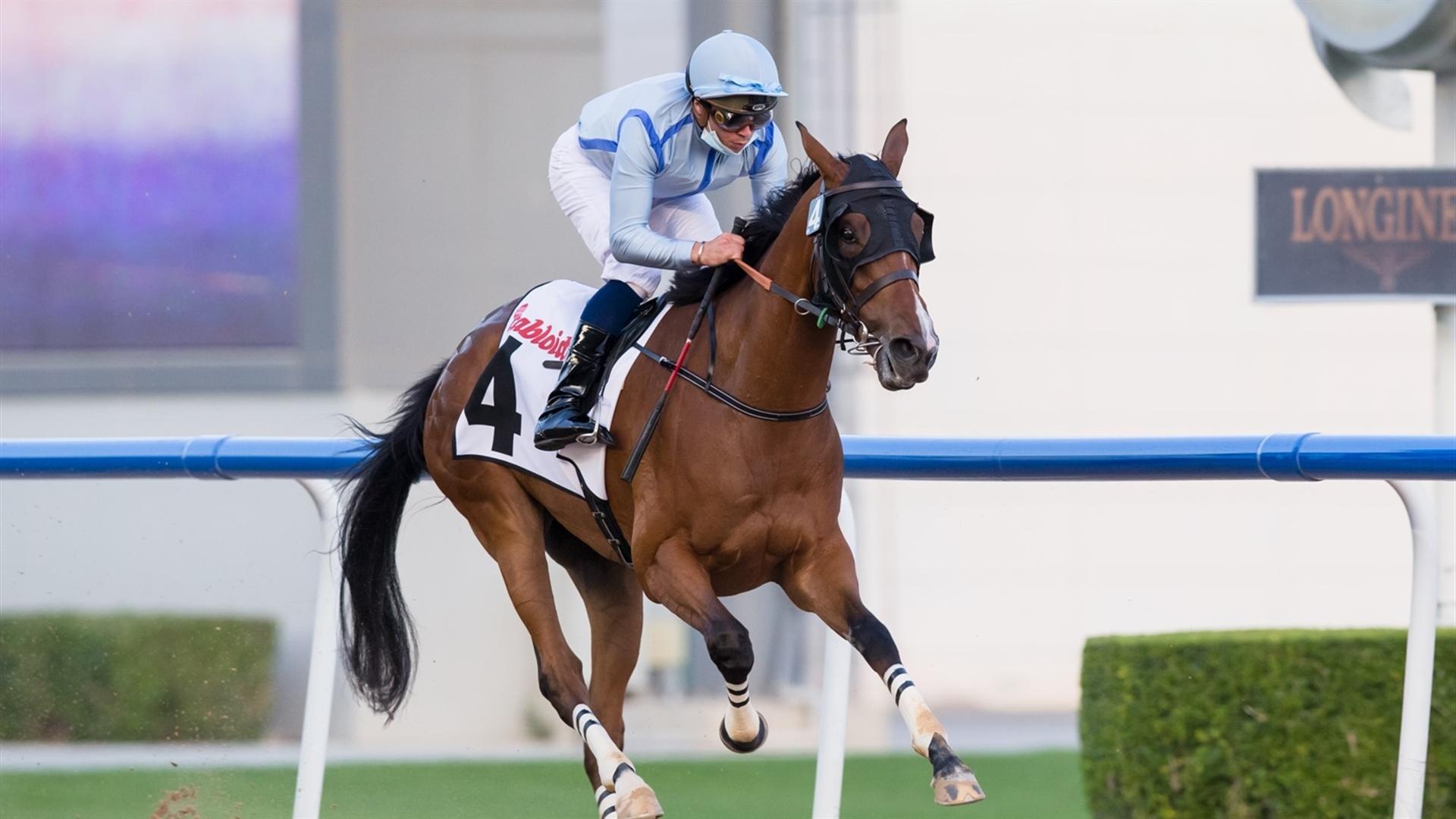 Jumeirah Beach (IRE) (Salem bin Ghadayer - Mickael Barzalona) wins the Tabloid - 1400m, dirt, maiden race at the eighth Racing at Meydan meeting on January 30, 2021. (Credit: Erika Rasmussen //DRC))