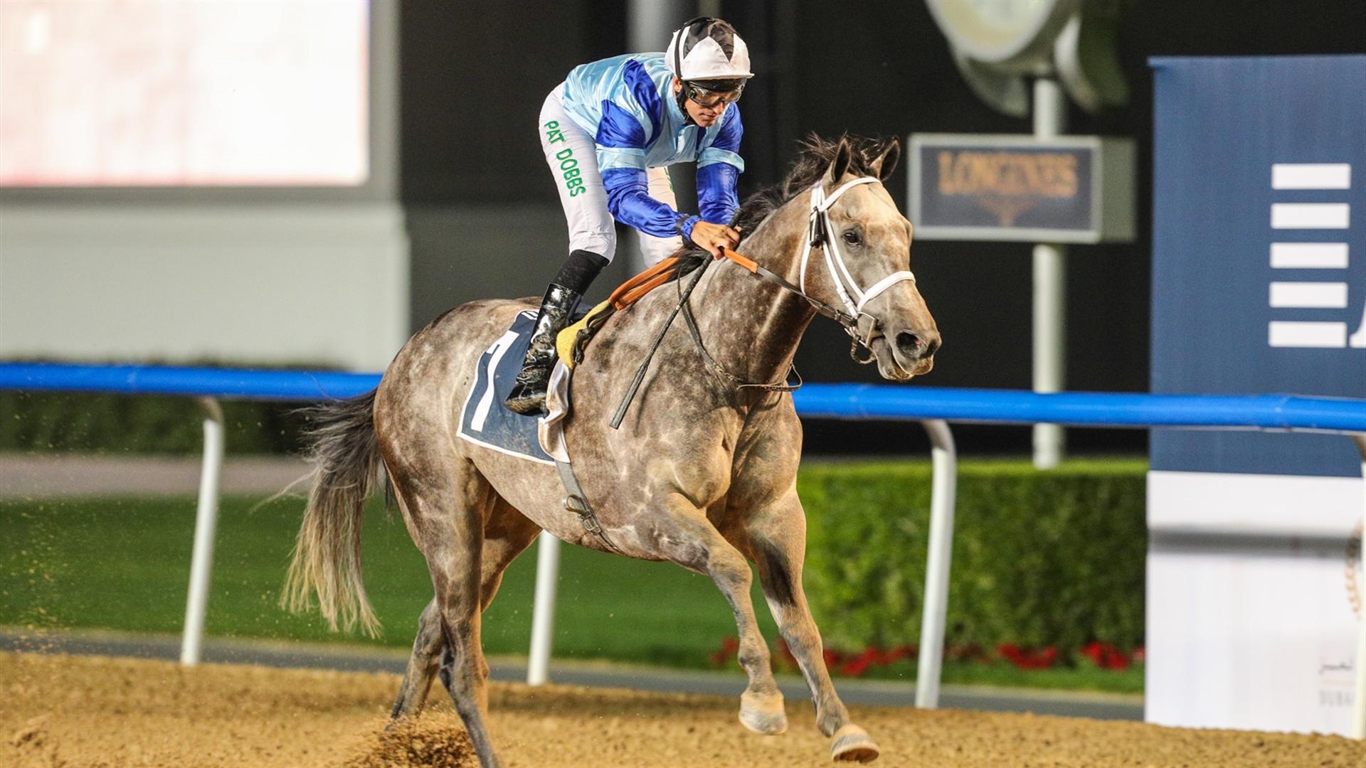 Golden Goal (IRE) (Doug Watson - Patrick Dobbs) wins the 1400m Handicap, Al Furjan by Azizi race at the first Dubai World Cup Carnival on January 21, 2021. (Credit: Dubai Racing Club)