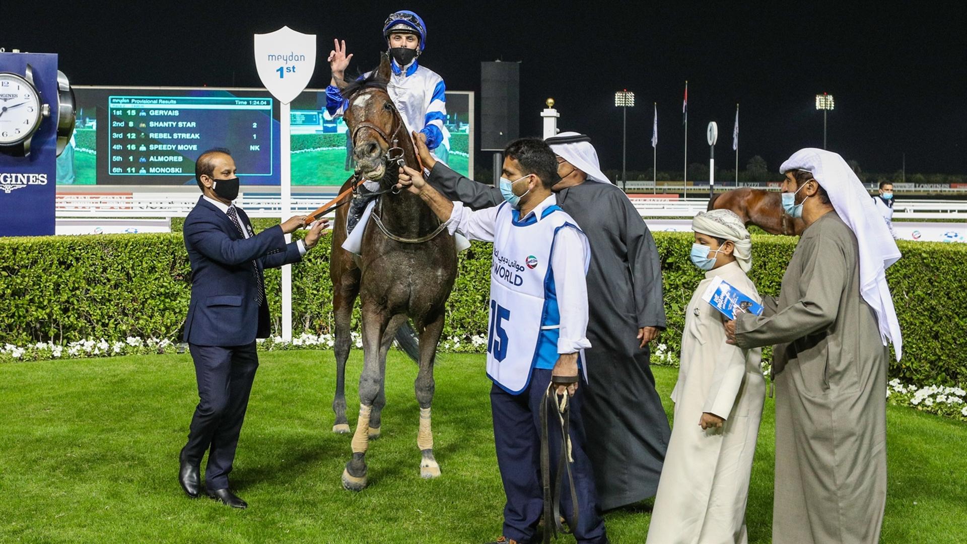 Gervais (USA) (Ali Rashid Al Rayhi - Connor Beasley) wins the P & O Marinas 1400m Handicap, at the sixth Racing at Meydan meeting on January 14, 2021.   (Credit: Dubai Racing Club)