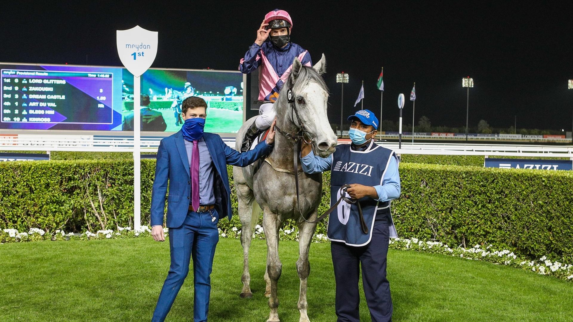 Lord Glitters (FR) (David O'Meara - Adrie de Vries) wins the Singspiel Stakes Sponsored By Riviera By Azizi race at the first DWCC on January 21, 2021. (Credit: Dubai Racing Club)
