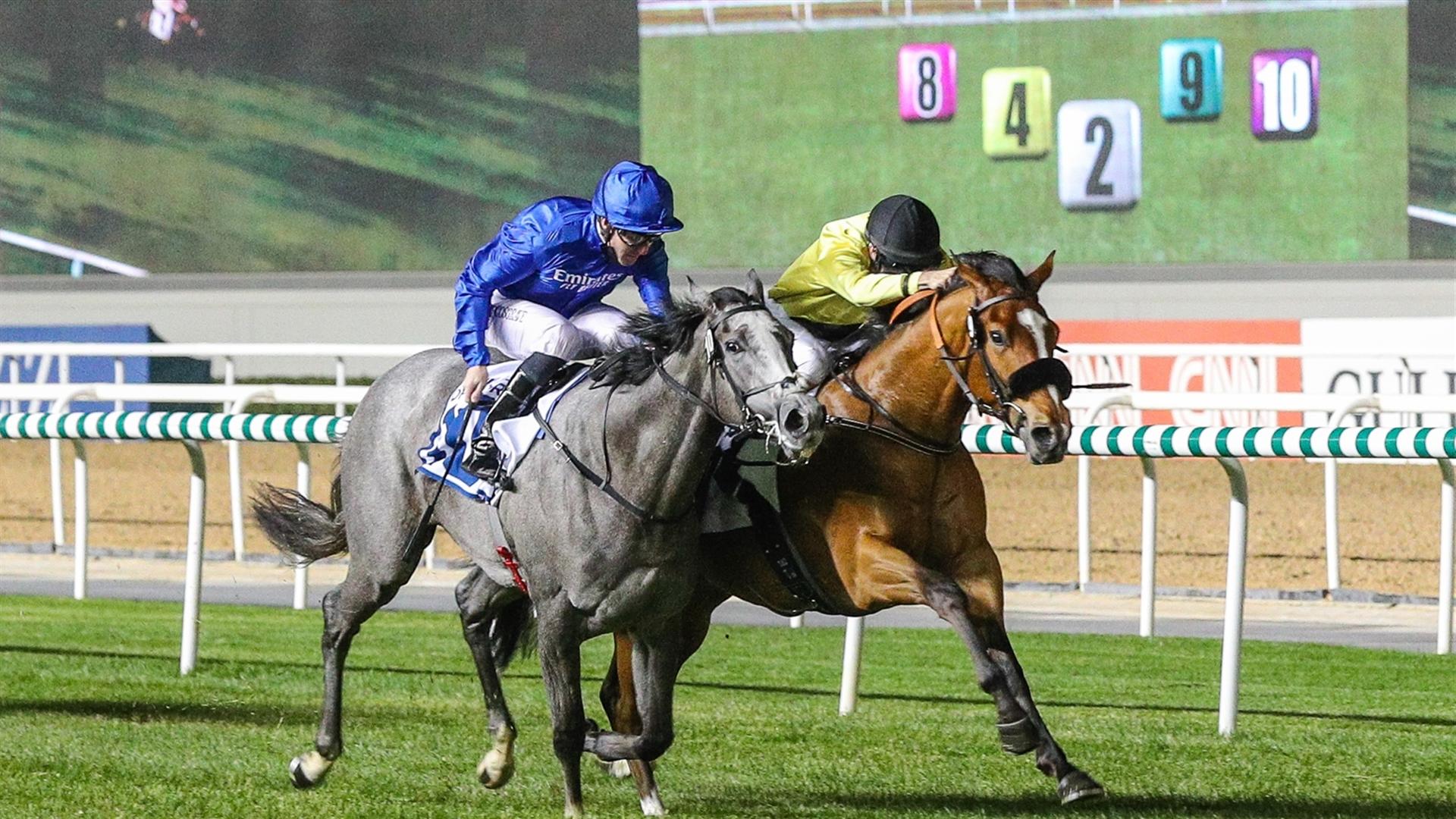 Topper Bill (FR) (Satish Seemar - Richard Mullen) wins the Dubai Trophy Sponsored by DP World UAE Region at the sixth Racing at Meydan meeting on January 14, 2021. (Credit: Dubai Racing Club)