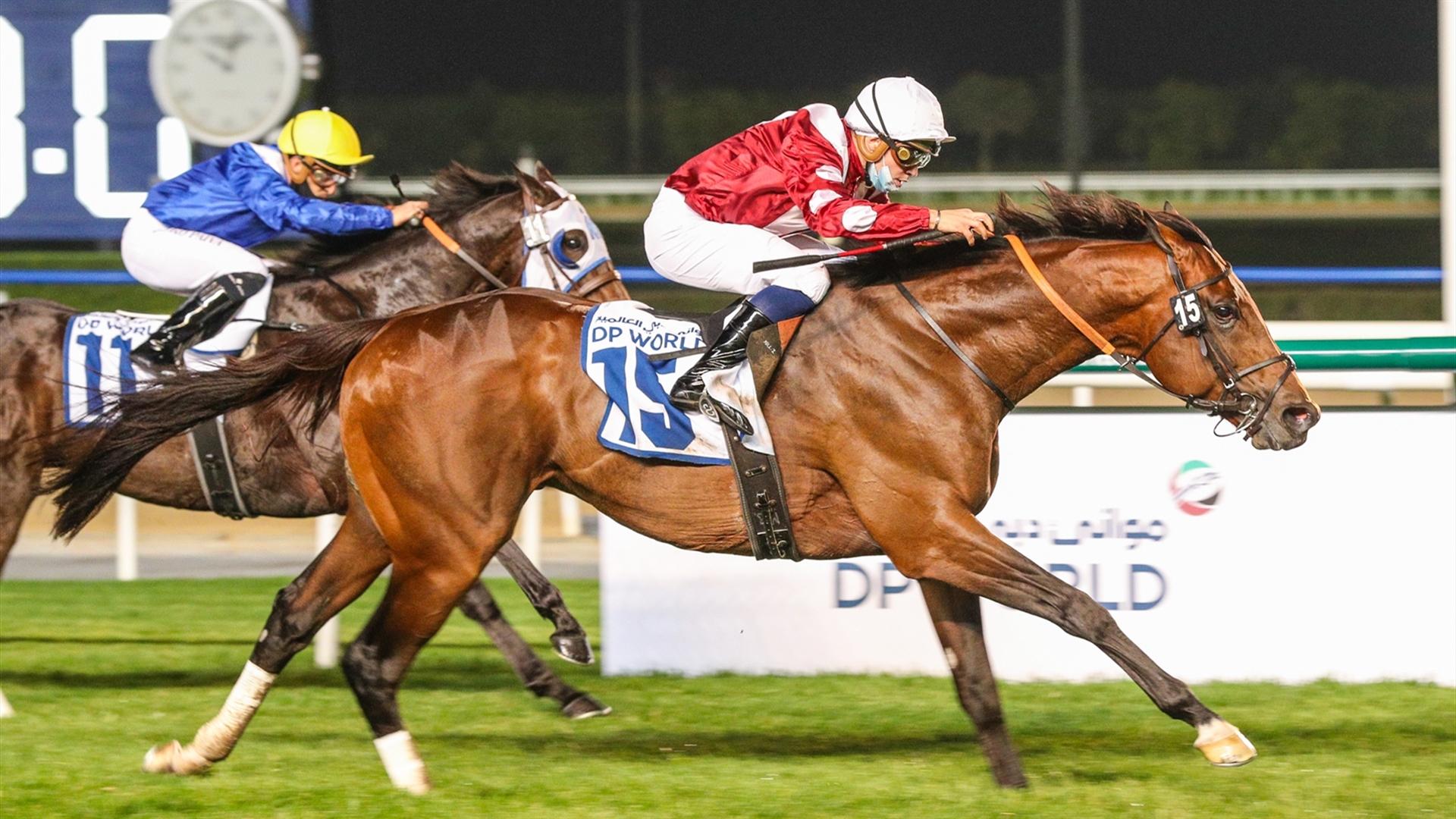 Wasim (IRE) (FR) (Ismail Mohammed - Mickael Barzalona) wins the Mina Rashid 1400m, Handicap at the sixth Racing at Meydan meeting on January 14, 2021. (Credit: Dubai Racing Club)
