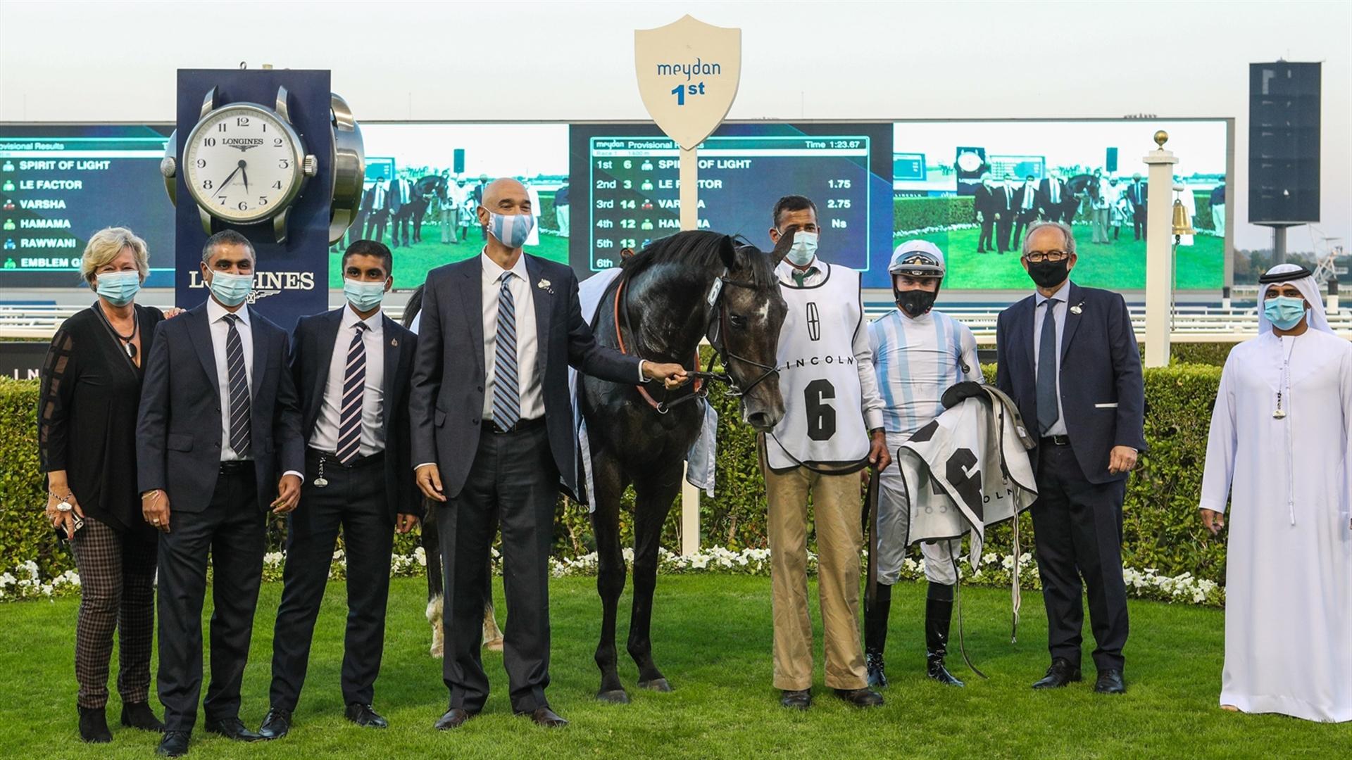 Spirit of Light (IRE) (Erwan Charpy - Clement Lecoeuvre) wins the Lincoln Continental at the seventh Racing at Meydan meeting, on January 16, 2021. (Credit: Dubai Racing Club)