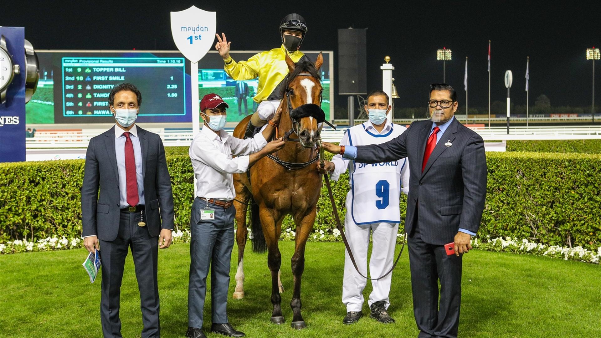Topper Bill (FR) (Satish Seemar - Richard Mullen) wins the Dubai Trophy Sponsored by DP World UAE Region at the sixth Racing at Meydan meeting on January 14, 2021. (Credit: Dubai Racing Club)