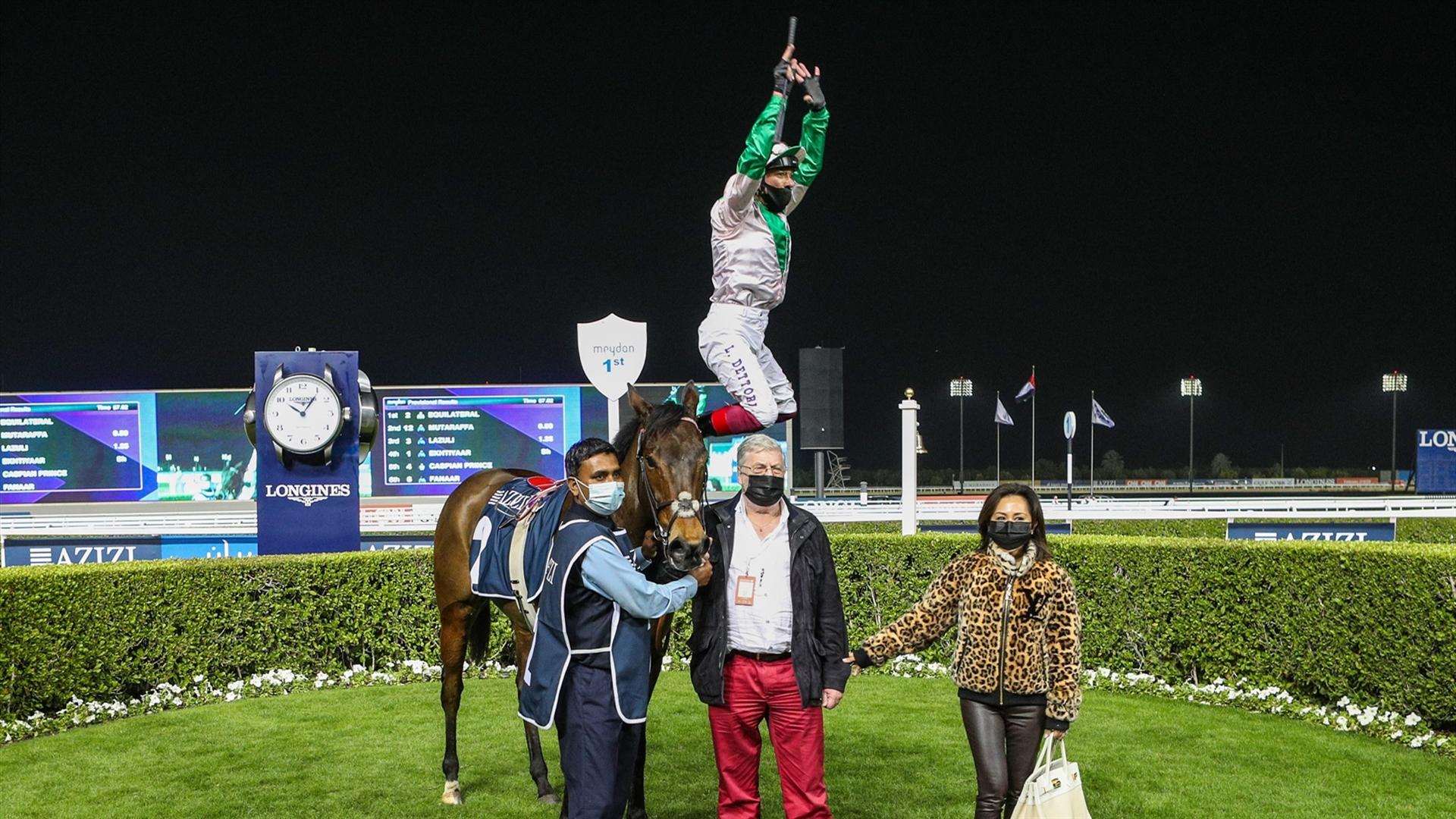 Equilateral (GB) (Charles Hills - Lanfranco Dettori) wins the 1000m Dubai Dash Sponsored By Aura By Azizi at the first DWCC on January 21, 2021. (Credit:DRC)