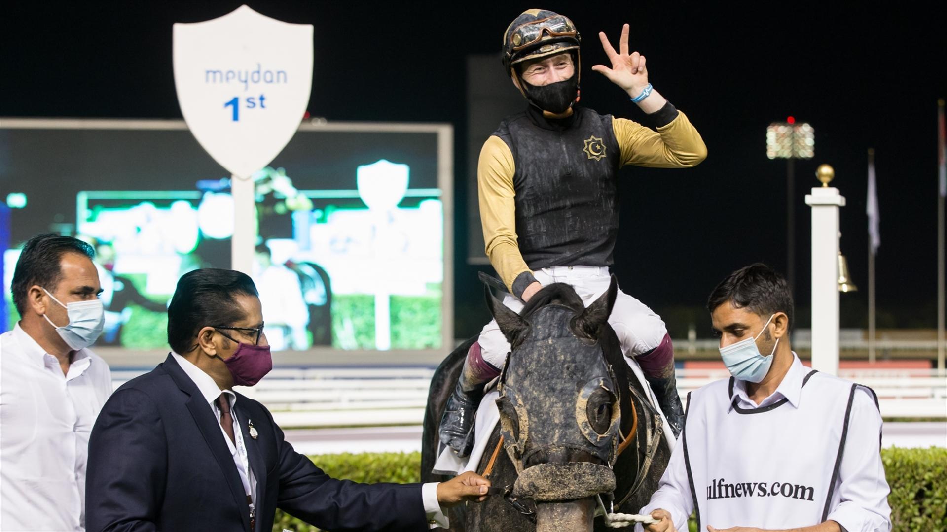 Twelfthofneverland (USA) (Satish Seemar - Nathan Crosse) wins the Gulfnews.com - 1600m race at the eighth Racing at Meydan meeting on January 30, 2021. (Credit: DRC // Erika Rasmussen)