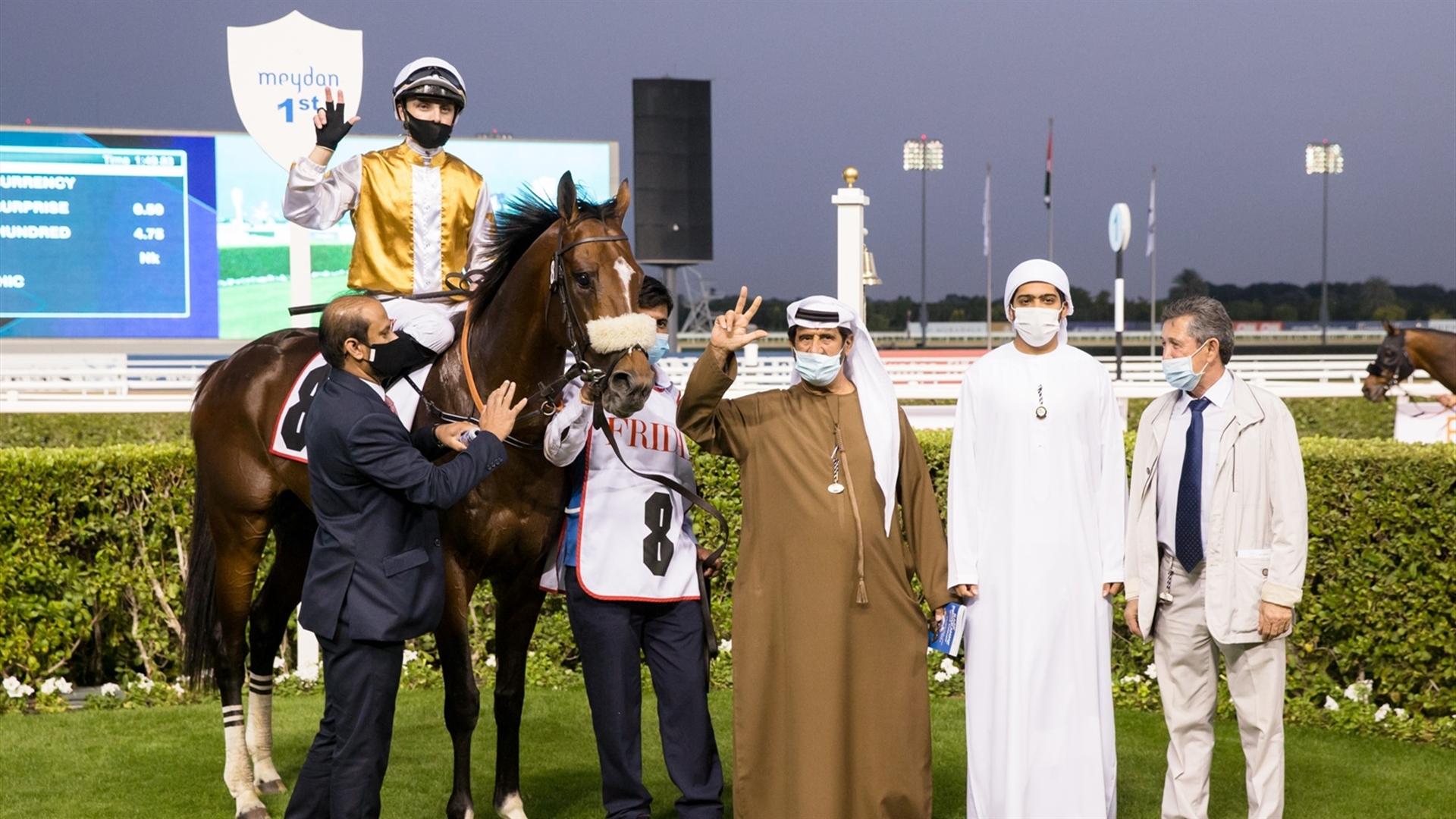 Emirates Currency (GB) (Ali Rashid Al Rayhi - Connor Beasley) wins the Friday  - 1800m, turf, maiden race at the eighth Racing at Meydan meeting on January 30, 2021. (Credit: Erika Rasmussen// DRC)