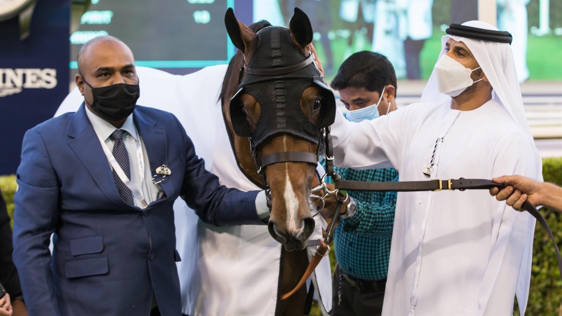 Jumeirah Beach (IRE) (Salem bin Ghadayer - Mickael Barzalona) wins the Tabloid - 1400m, dirt, maiden race at the eighth Racing at Meydan meeting on January 30, 2021. (Credit: Erika Rasmussen //DRC))