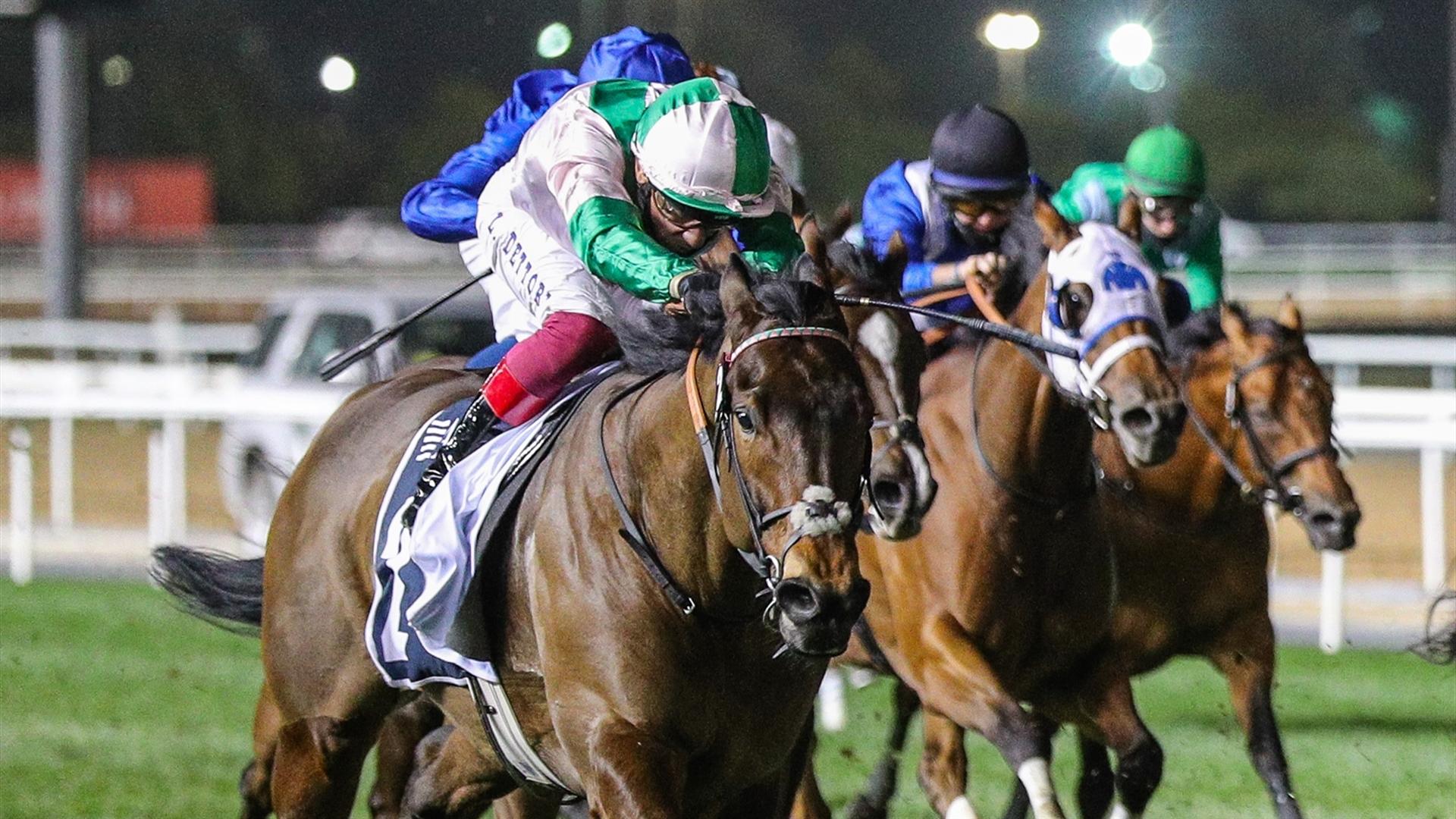 Equilateral (GB) (Charles Hills - Lanfranco Dettori) wins the 1000m Dubai Dash Sponsored By Aura By Azizi at the first DWCC on January 21, 2021. (Credit:DRC)