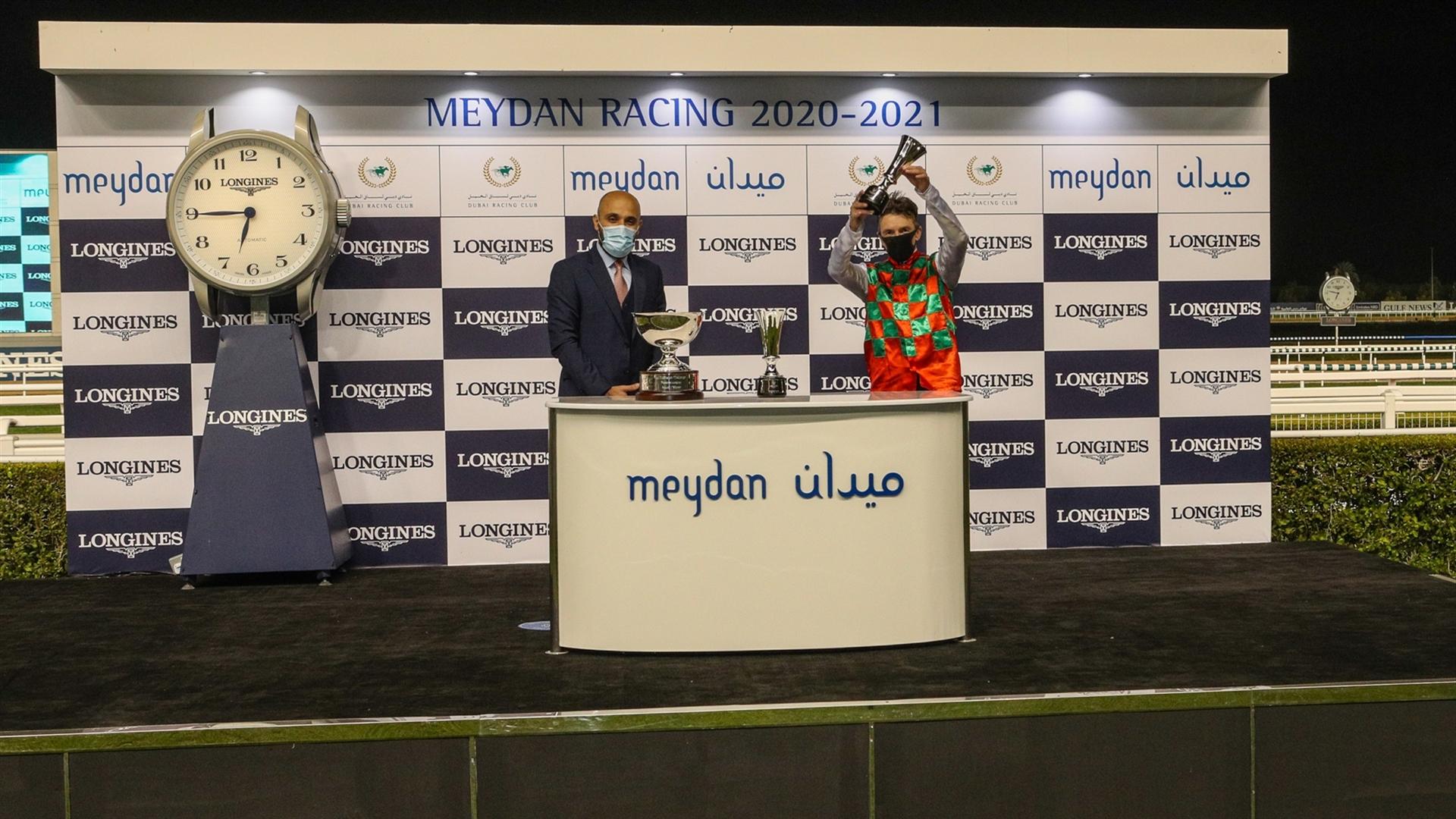 Brraq (FR) (Jean-Claude Pecout - Adrie de Vries) wins the Al Maktoum Challenge R1 Presented By Longines at the fifth Racing at Meydan meeting on January 07, 2021. (Credit: Dubai Racing Club)