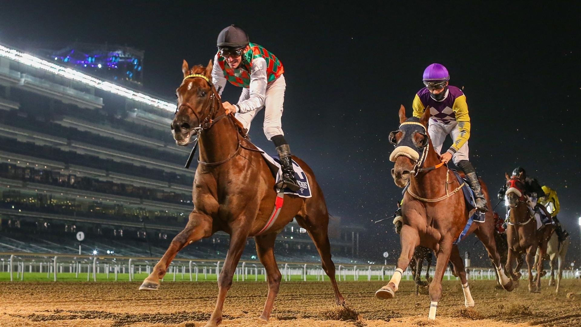 Brraq (FR) (Jean-Claude Pecout - Adrie de Vries) wins the Al Maktoum Challenge R1 Presented By Longines at the fifth Racing at Meydan meeting on January 07, 2021. (Credit: Dubai Racing Club)