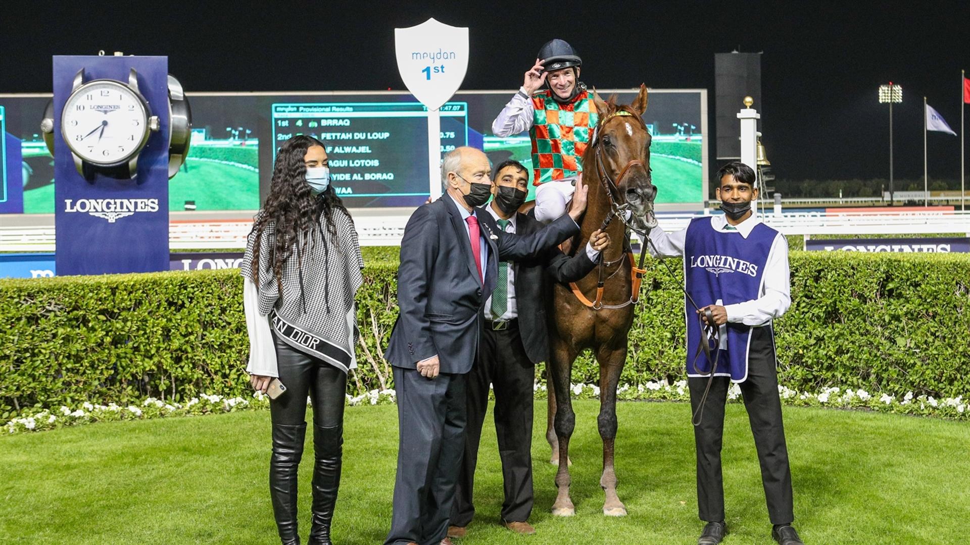 Brraq (FR) (Jean-Claude Pecout - Adrie de Vries) wins the Al Maktoum Challenge R1 Presented By Longines at the fifth Racing at Meydan meeting on January 07, 2021. (Credit: Dubai Racing Club)