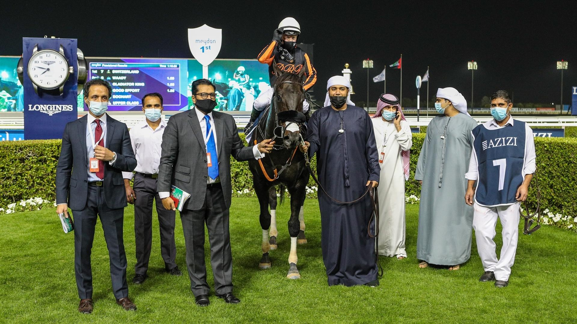 Switzerland (USA) (Satish Seemar - Tadhg O'Shea) wins the Dubawi Stakes Sponsored By Park Avenue By Azizi at the first DWCC on January 21, 2021. (Credit: Dubai Racing Club)