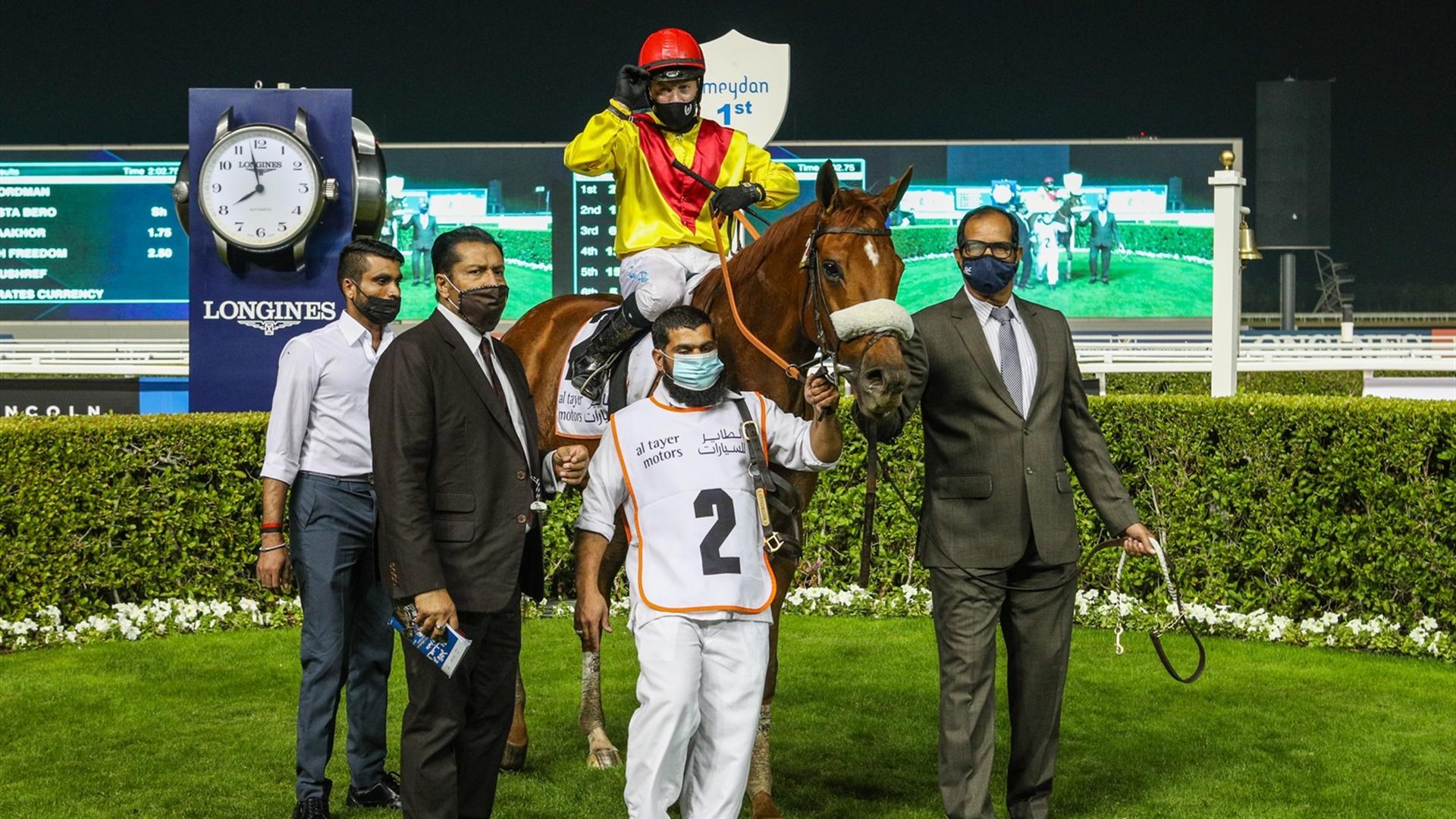Recordman (GB) (Satish Seemar - Tadhg O'Shea) wins the Al Tayer Motors at the seventh Racing at Meydan meeting on January 16, 2021. (Credit: Dubai Racing Club)