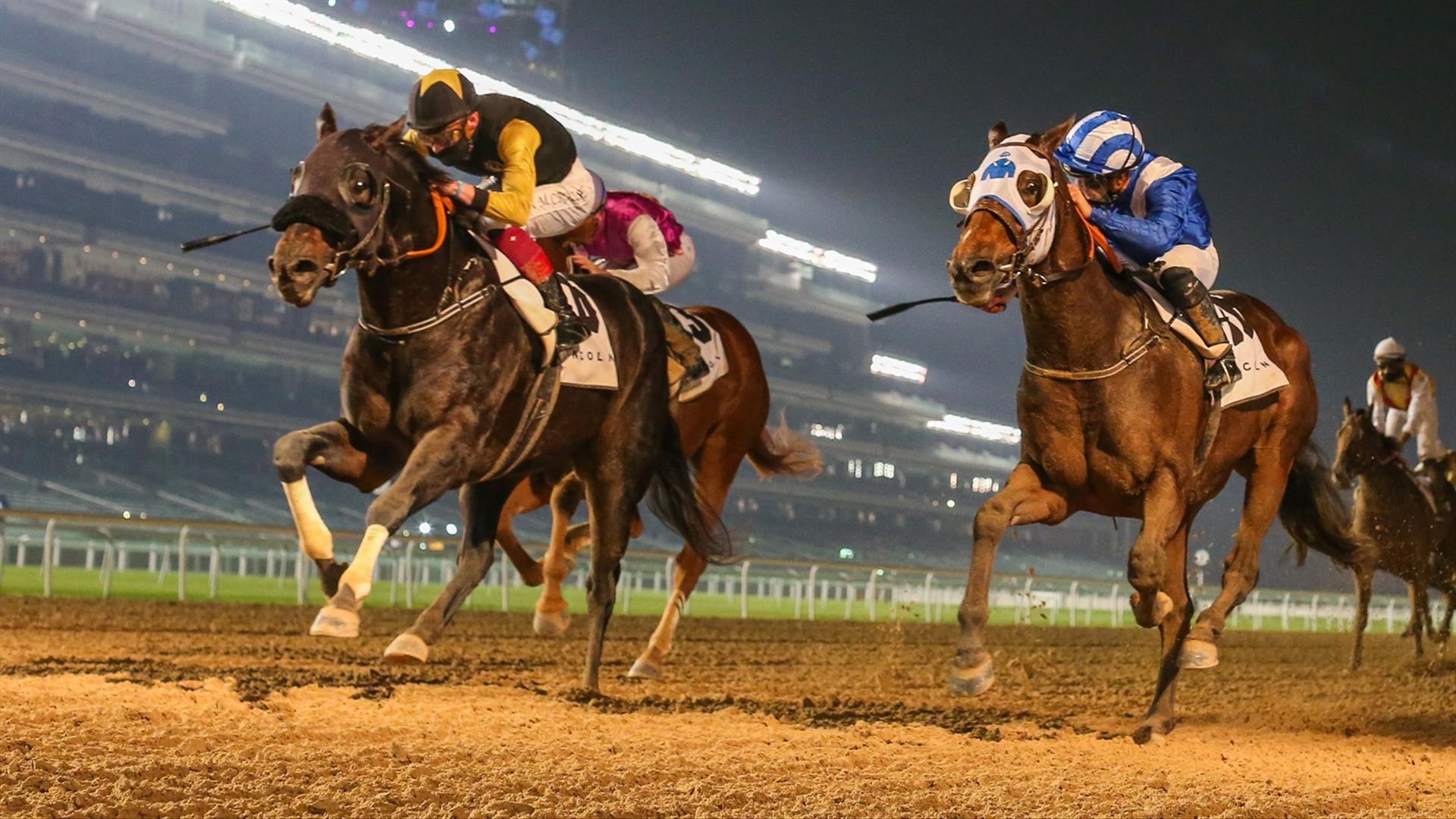 Twelfthofneverland (USA) (Satish Seemar - Nathan Crosse) wins the Lincoln Navigator at the seventh Racing at Meydan meeting, on January 16, 2021. (Credit: Dubai Racing Club)