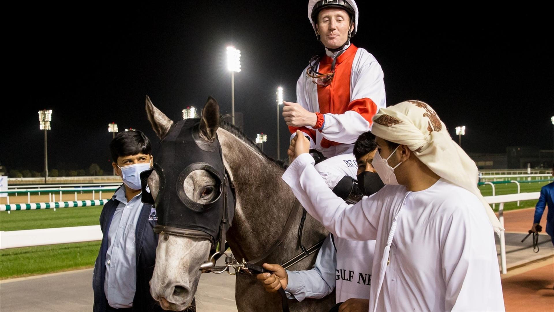 Mystery Land (GB) (Helal Alalawi - Patrick Cosgrave) wins the Gulf News race at the eighth Racing at Meydan meeting on January 30, 2021. (Credit: DRC // Erika Rasmussen)