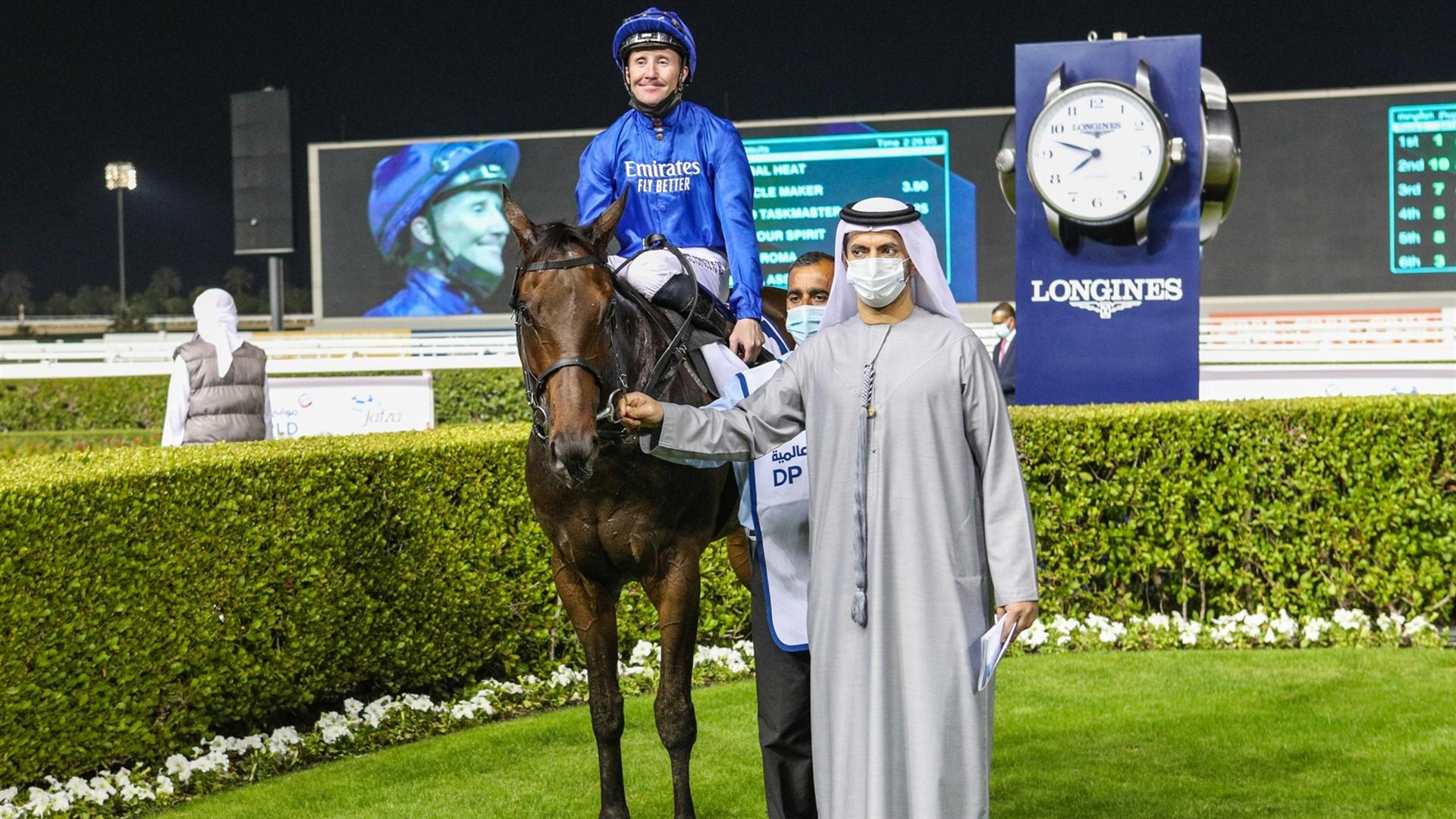 Global Heat (IRE) (Saeed bin Suroor - Patrick Cosgrave) wins the JAFZA 2410m Handicap, at the sixth Racing at Meydan meeting on January 14, 2021.   (Credit: Dubai Racing Club)