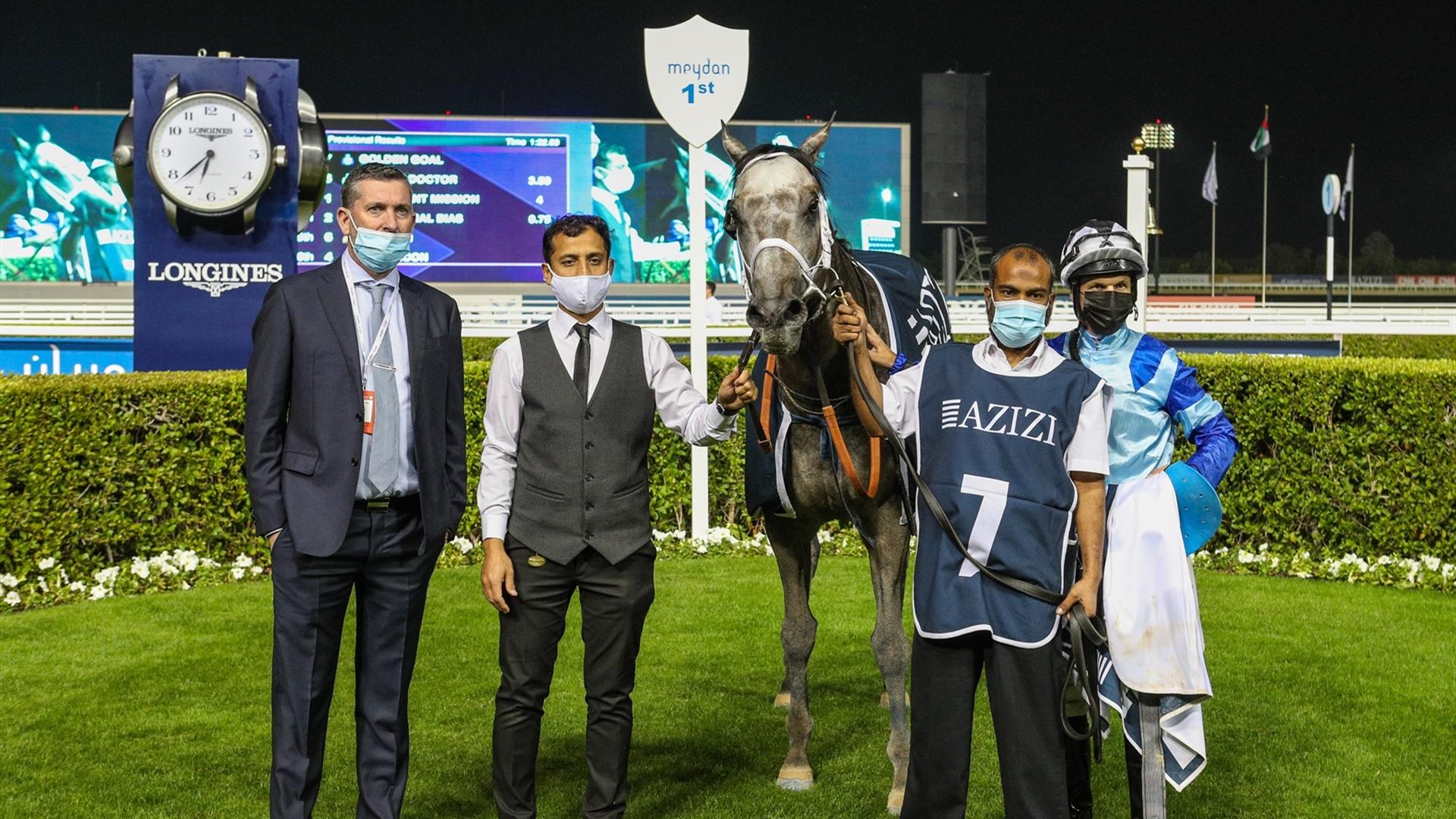 Golden Goal (IRE) (Doug Watson - Patrick Dobbs) wins the 1400m Handicap, Al Furjan by Azizi race at the first Dubai World Cup Carnival on January 21, 2021. (Credit: Dubai Racing Club)