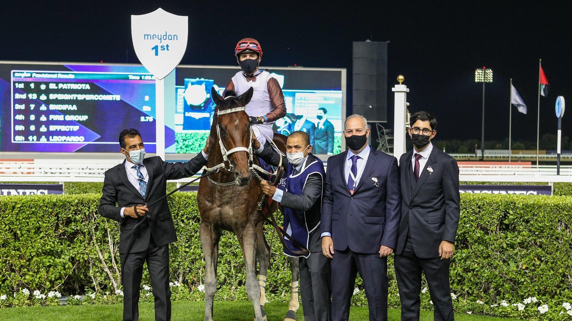 El Patriota (URU) (Antonio Cintra Pereira - Vagner Leal) wins the Al Bastakiya Trial Presented By Longines, 1900m dirt race, at the second DWCC on January 28, 2021. (Credit:DRC)