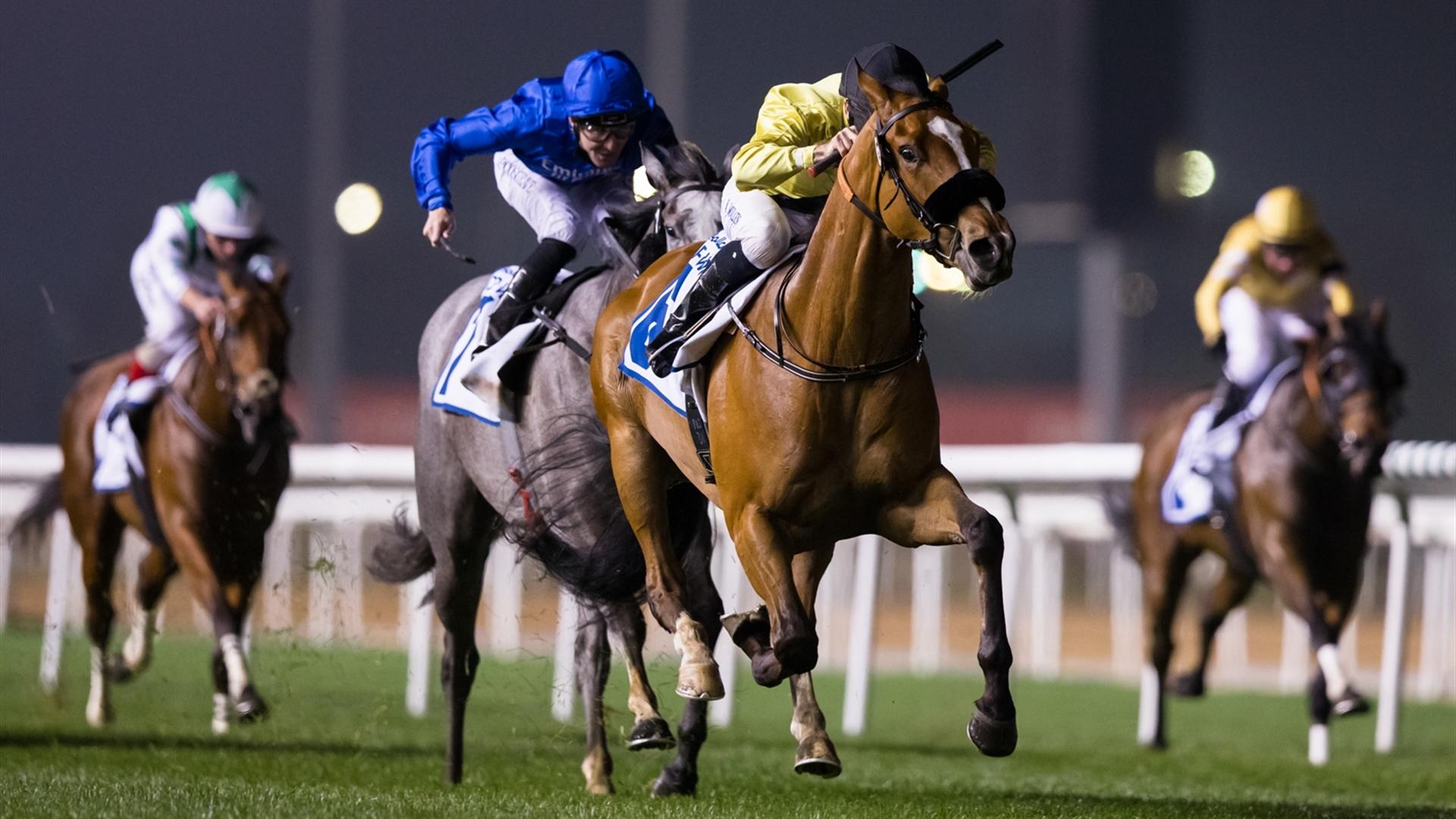Topper Bill (FR) (Satish Seemar - Richard Mullen) wins the Meydan Classic Trial Sponsored By Jebel Ali Port - 1400m, Turf race at the third DWCC on February 4, 2021. (Credit: Erika Rasmussen//DRC)