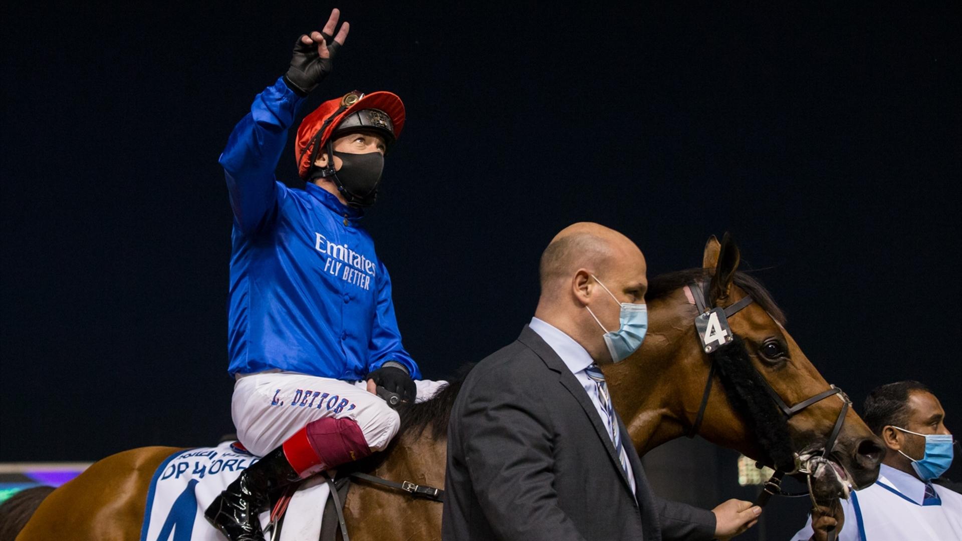 Dubai Future (GB) (Saeed bin Suroor - Lanfranco Dettori) wins the Meydan Cup Sponsored By P & O Marinas race, at the third Dubai World Cup Carnival on February 4, 2021. (Credit: Erika Rasmussen//DRC)