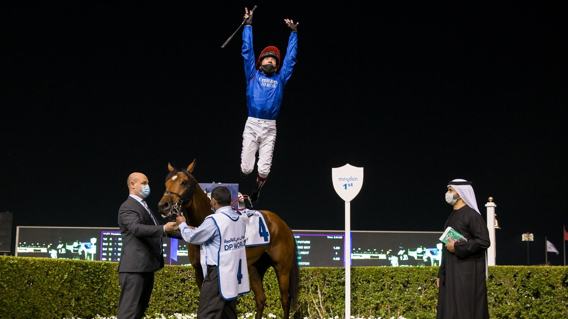 Dubai Future (GB) (Saeed bin Suroor - Lanfranco Dettori) wins the Meydan Cup Sponsored By P & O Marinas race, at the third Dubai World Cup Carnival on February 4, 2021. (Credit: Erika Rasmussen//DRC)