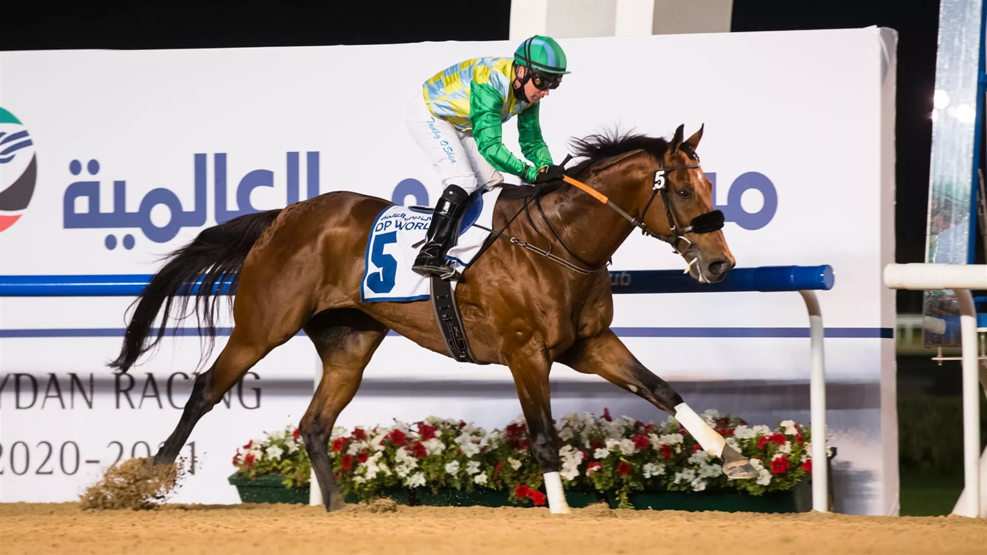 Secret Ambition finally wins the G3 Firebreak Stakes for trainer Satish Seemar, ridden by Tadhg O'Shea after finishing second in the previous two renewals  (credit Erika Rasmussen ,Dubai Racing Club)