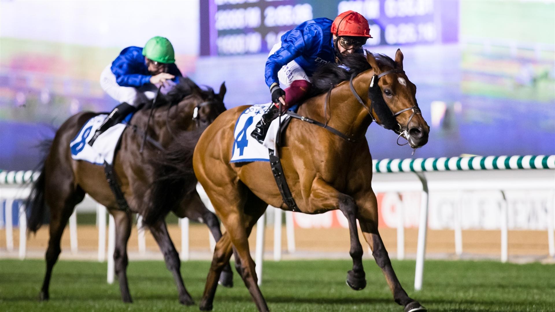 Dubai Future (GB) (Saeed bin Suroor - Lanfranco Dettori) wins the Meydan Cup Sponsored By P & O Marinas race, at the third Dubai World Cup Carnival on February 4, 2021. (Credit: Erika Rasmussen//DRC)