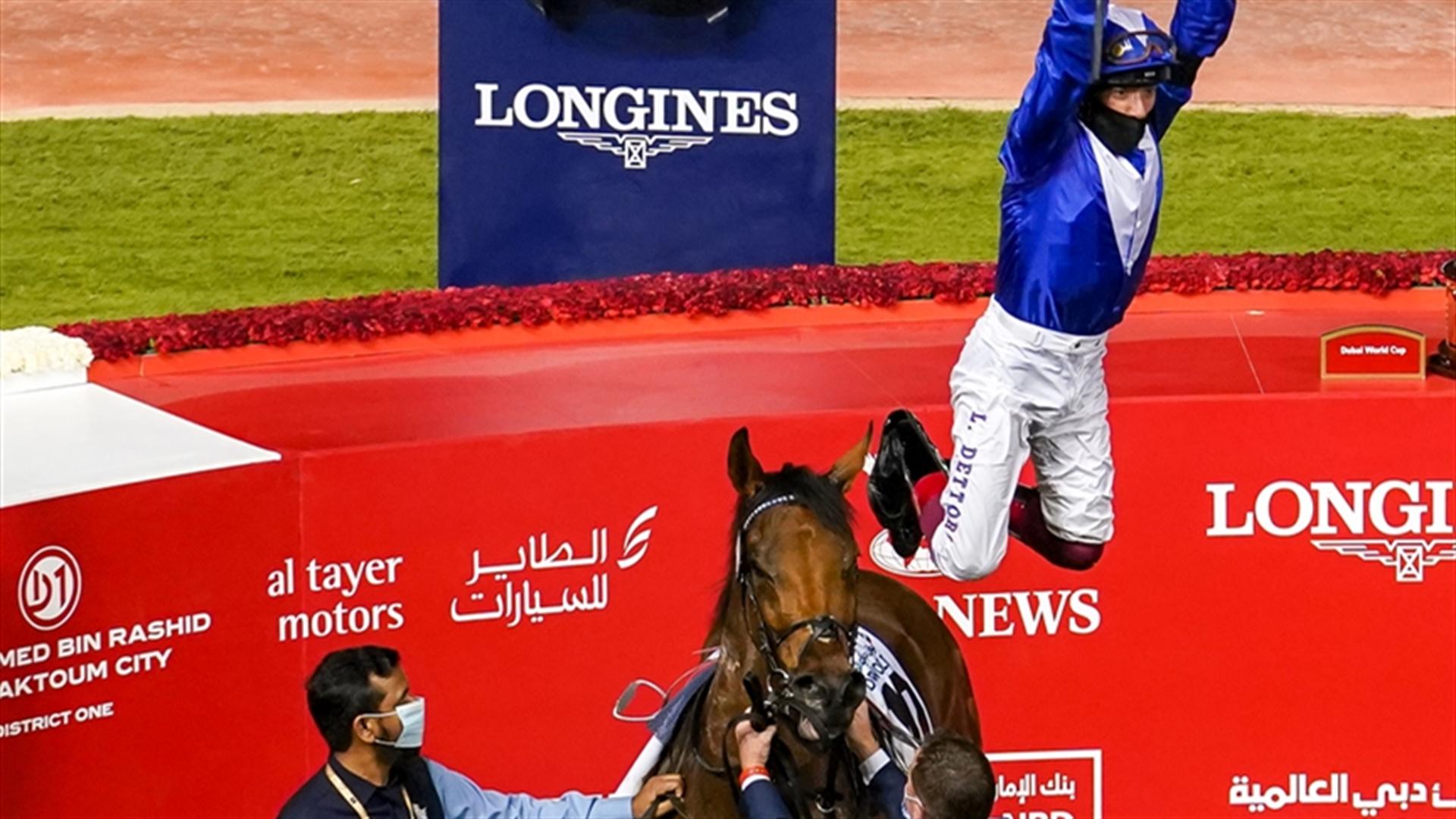 Lord North (IRE) (John Gosden - Lanfranco Dettori) wins the Dubai Turf Sponsored by Emirates NBD at the Dubai World Cup 2021, Saturday, 27th March, 21 (Credit Dubai Racing Club // Mathea Kelly)
