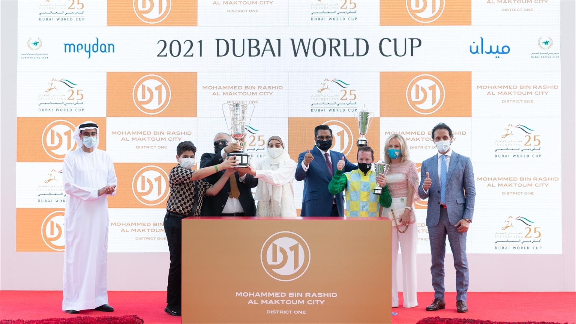 Bupath Seemar, Satish Seemar, Caroline Seemar and Tadhg O'Shea accept the trophies for the Godolphin Mile Sponsored By Mohammed Bin Rashid Al Maktoum City, District One (Credit:DRC// Neville Hopwood)