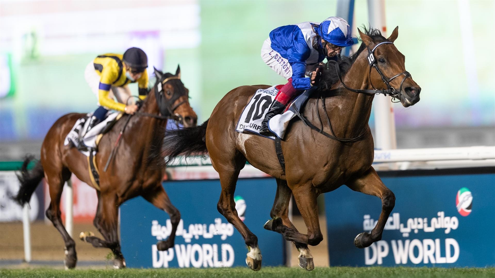 Lord North (IRE) (John Gosden - Lanfranco Dettori) wins the Dubai Turf Sponsored by Emirates NBD at the Dubai World Cup 2021, Saturday, 27th March, 21 (Credit Dubai Racing Club // Mathea Kelly)