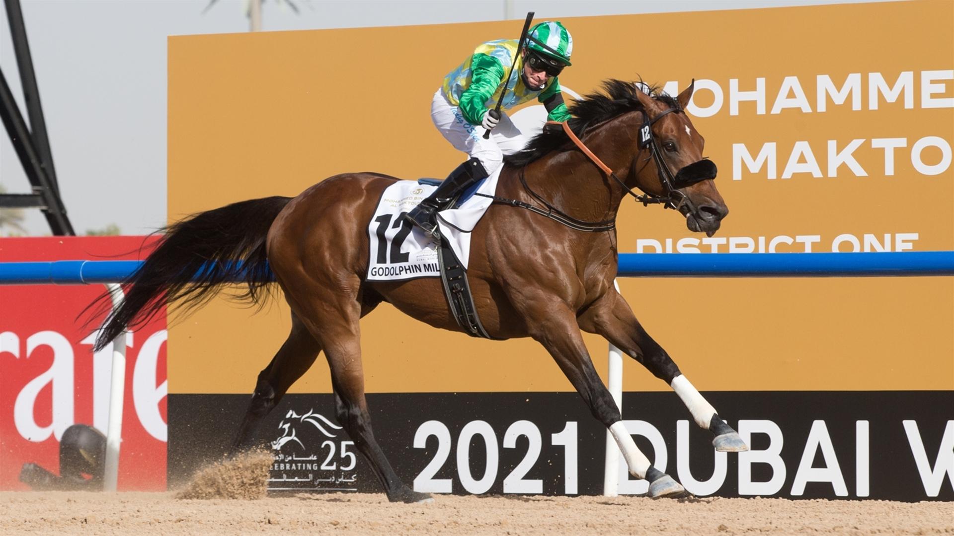 Secret Ambition (GB) (Satish Seemar - Tadhg O'Shea) wins the Godolphin Mile Sponsored By Mohammed Bin Rashid Al Maktoum City - District One (Credit: Dubai Racing Club // Erika Rasmussen)