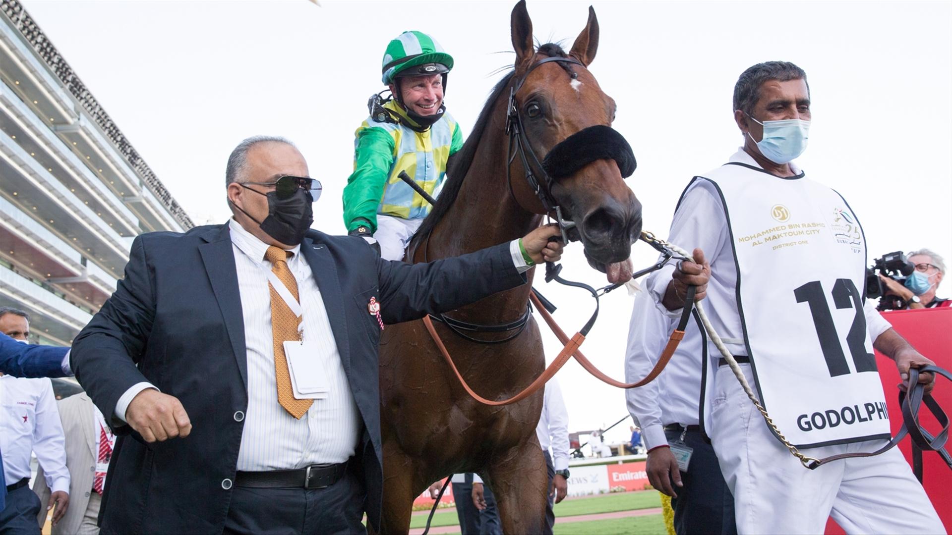 Secret Ambition (GB) (Satish Seemar - Tadhg O'Shea) wins the Godolphin Mile Sponsored By Mohammed Bin Rashid Al Maktoum City - District One (Credit: Dubai Racing Club // Erika Rasmussen)