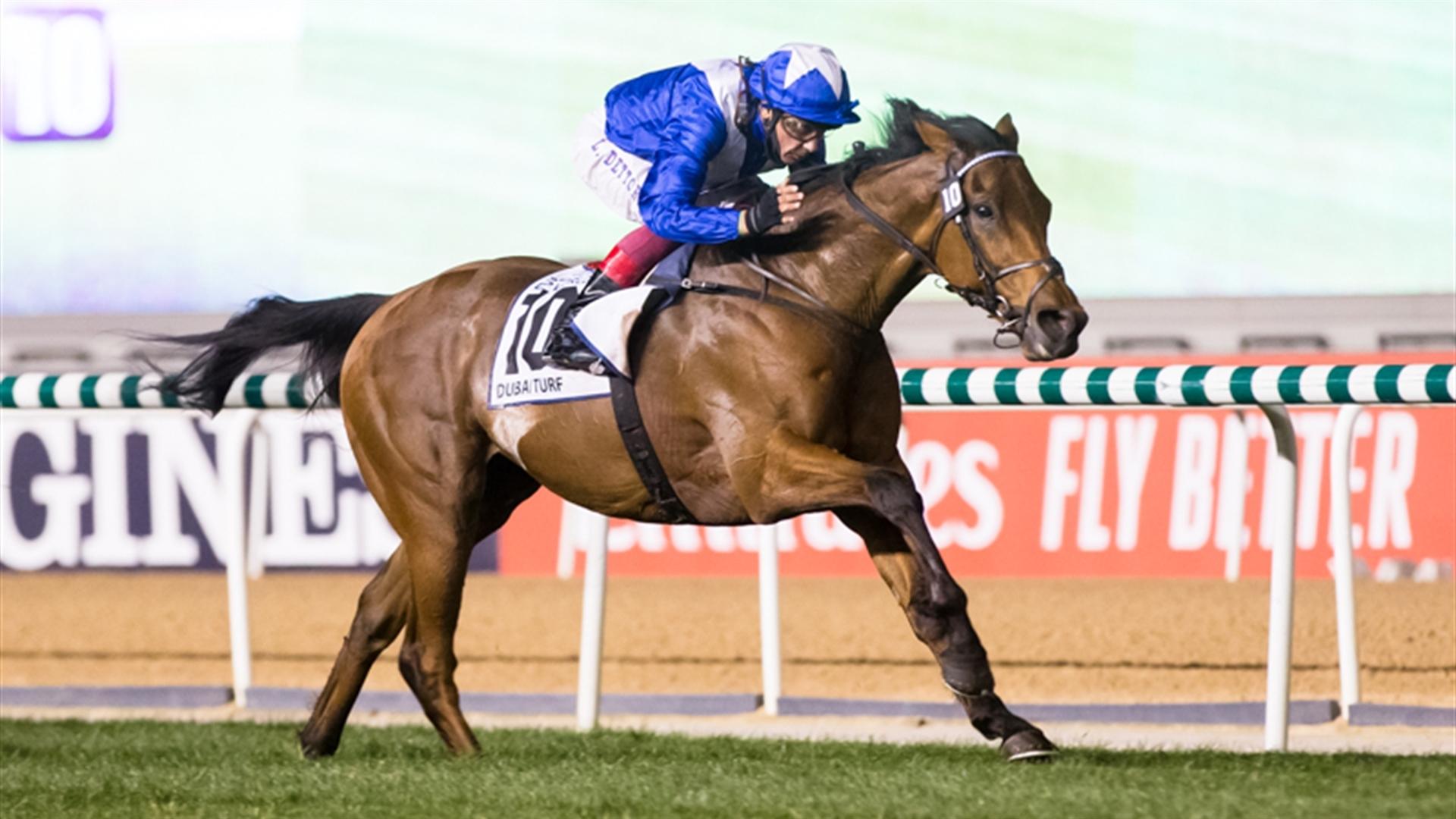 Lord North (IRE) (John Gosden - Lanfranco Dettori) wins the Dubai Turf Sponsored by Emirates NBD at the Dubai World Cup 2021, Saturday, 27th March, 21 (Credit Dubai Racing Club // Mathea Kelly)