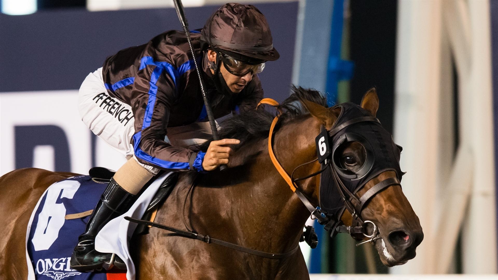 Rare Ninja (USA) (Salem bin Ghadayer - Royston Ffrench) wins the Longines Stakes Presented By Longines race at the Eleventh Racing at Meydan meeting on April 8, 2021. (Credit: DRC // Erika Rasmussen)