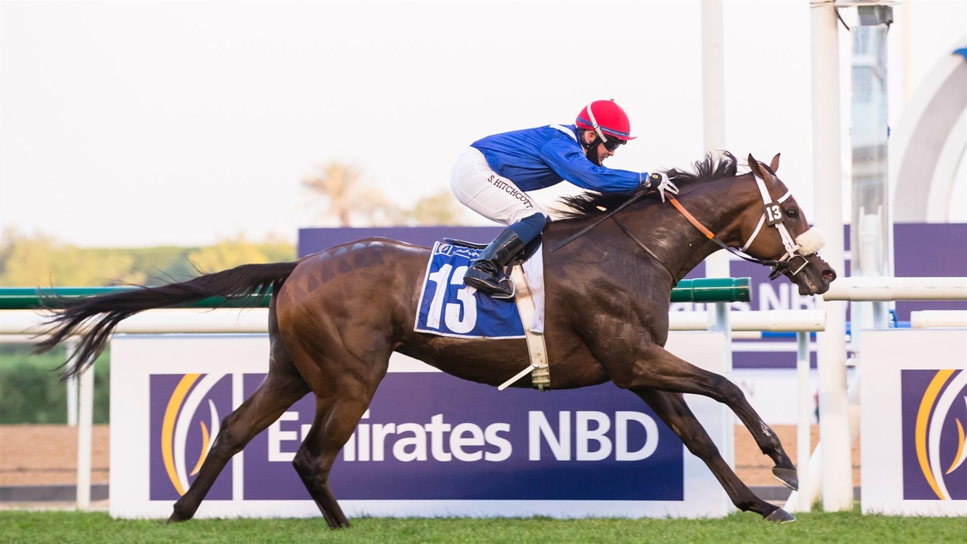 Bawaasil (GB) (Doug Watson - Sam Hitchcott) wins the Emirates NBD Handicap Sponsored By Emirates NBD race at the Eleventh Racing at Meydan meeting on April 8, 2021. (Credit:DRC // Erika Rasmussen)
