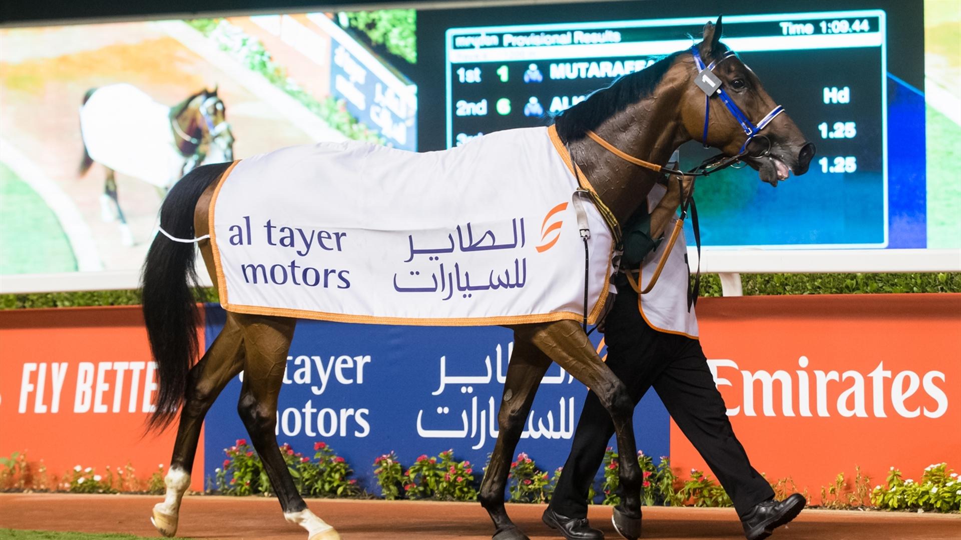 Mutarafaa (IRE) (Musabbeh Al Mheiri - Antonio Fresu) wins the Al Tayer Motors Handicap Sponsored By Al Tayer Motors race at the Eleventh Racing at Meydan meeting on April 8, 2021. (Credit: DRC // ER)