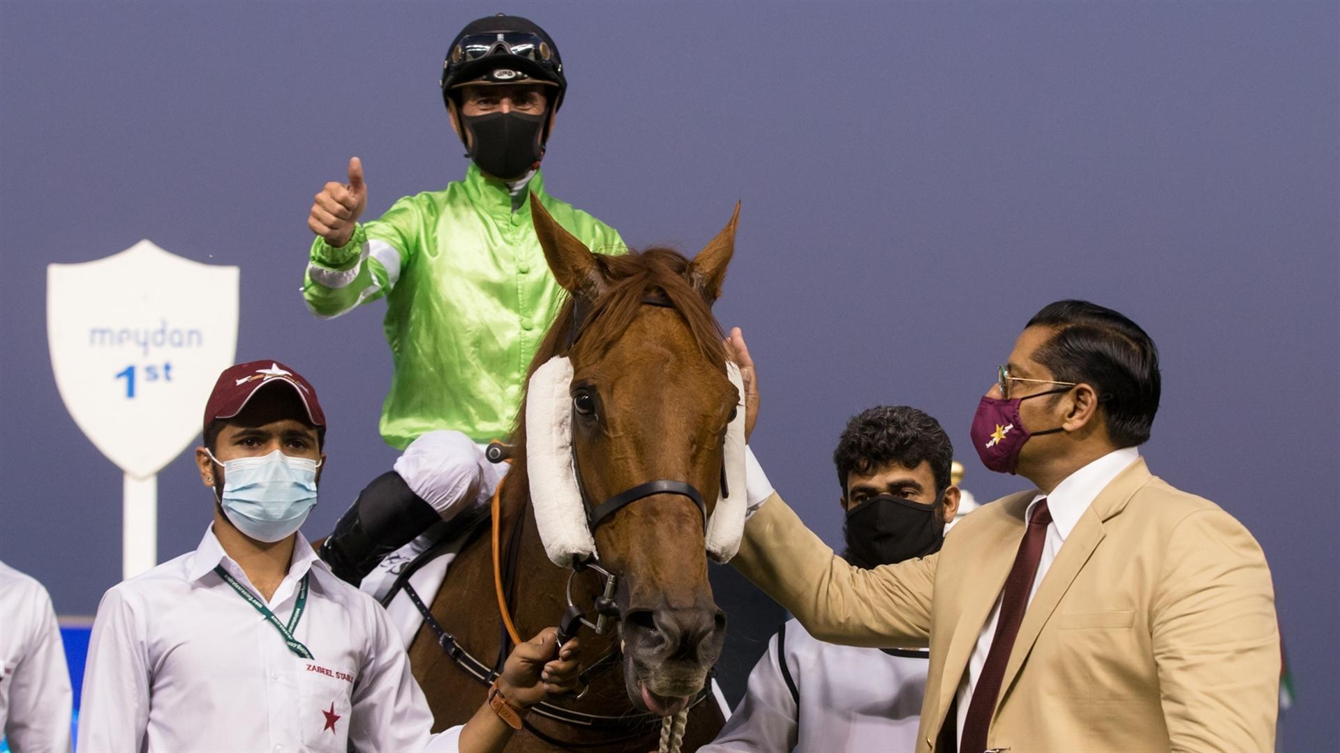 Bochart (GB) (Satish Seemar - Fabrice Veron) wins the Gulf News Handicap Sponsored By Gulf News at the Eleventh Racing at Meydan meeting on April 8, 2021. (Credit:Dubai Racing Club // Erika Rasmussen)