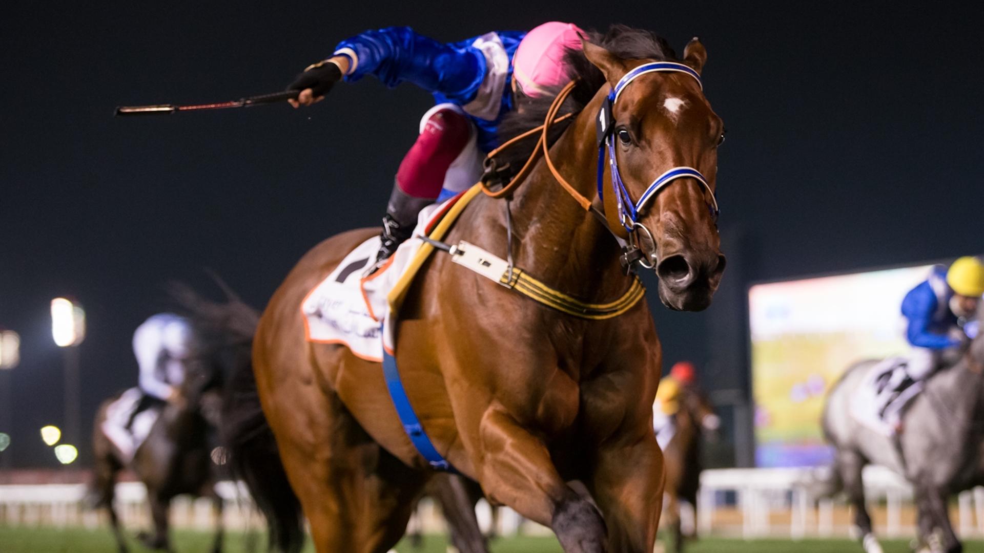 Mutarafaa (IRE) (Musabbeh Al Mheiri - Antonio Fresu) wins the Al Tayer Motors Handicap Sponsored By Al Tayer Motors race at the Eleventh Racing at Meydan meeting on April 8, 2021. (Credit: DRC // ER)