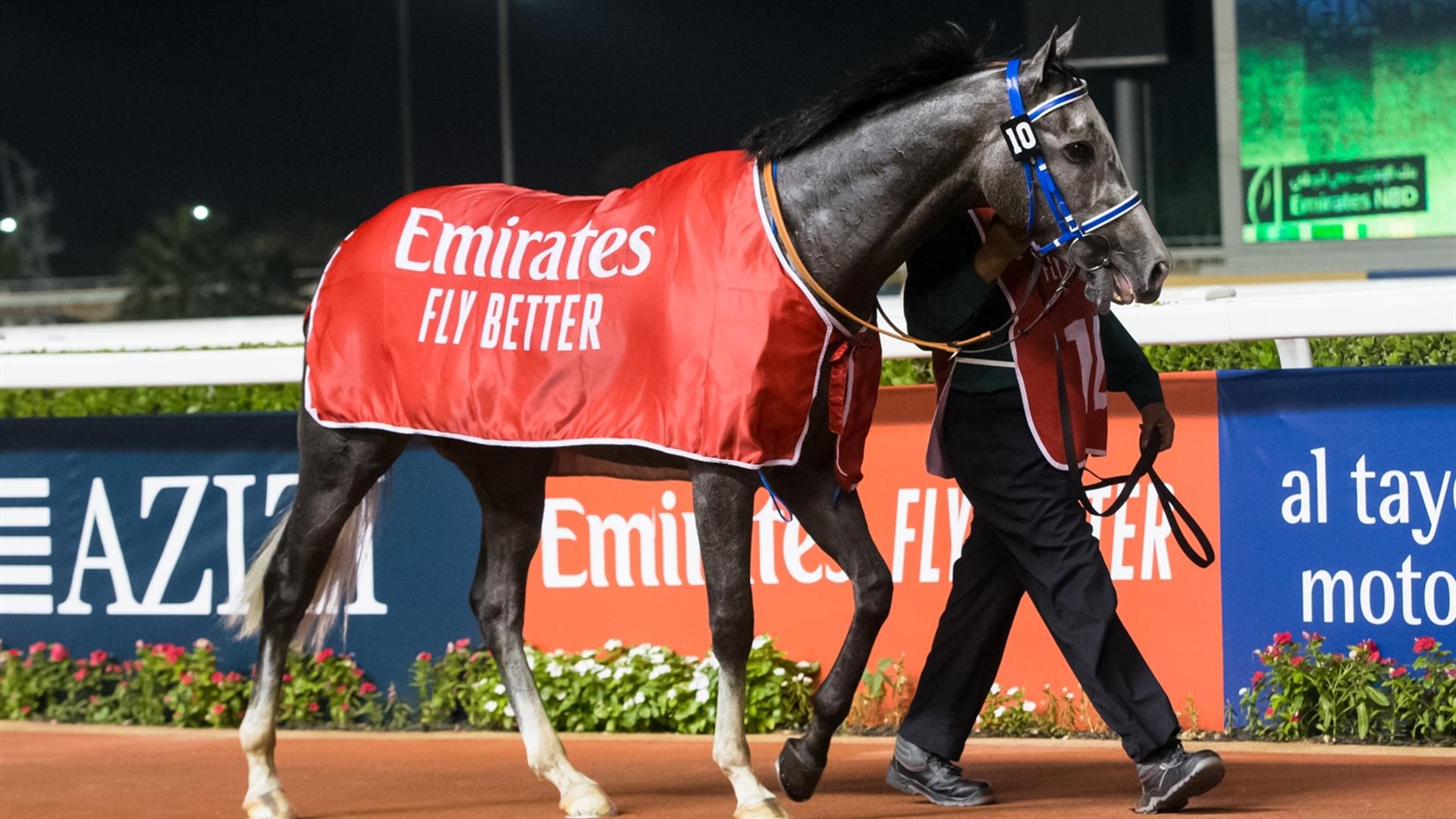 Alfareeq (IRE) (Musabbeh Al Mheiri - Antonio Fresu) wins the Zabeel Trophy Sponsored By Emirates Airline at the Eleventh Racing at Meydan meeting on April 8, 2021. (Credit:DRC // Erika Rasmussen)