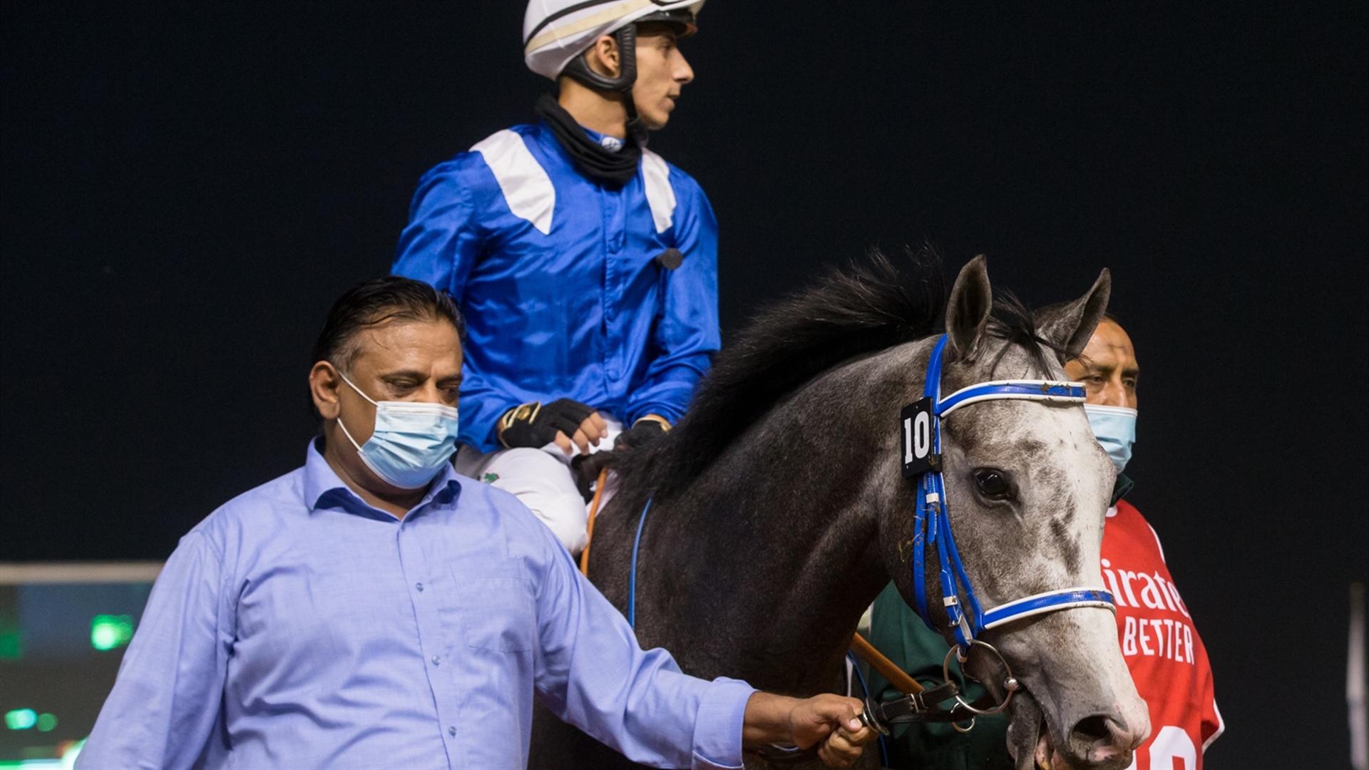 Alfareeq (IRE) (Musabbeh Al Mheiri - Antonio Fresu) wins the Zabeel Trophy Sponsored By Emirates Airline at the Eleventh Racing at Meydan meeting on April 8, 2021. (Credit:DRC // Erika Rasmussen)